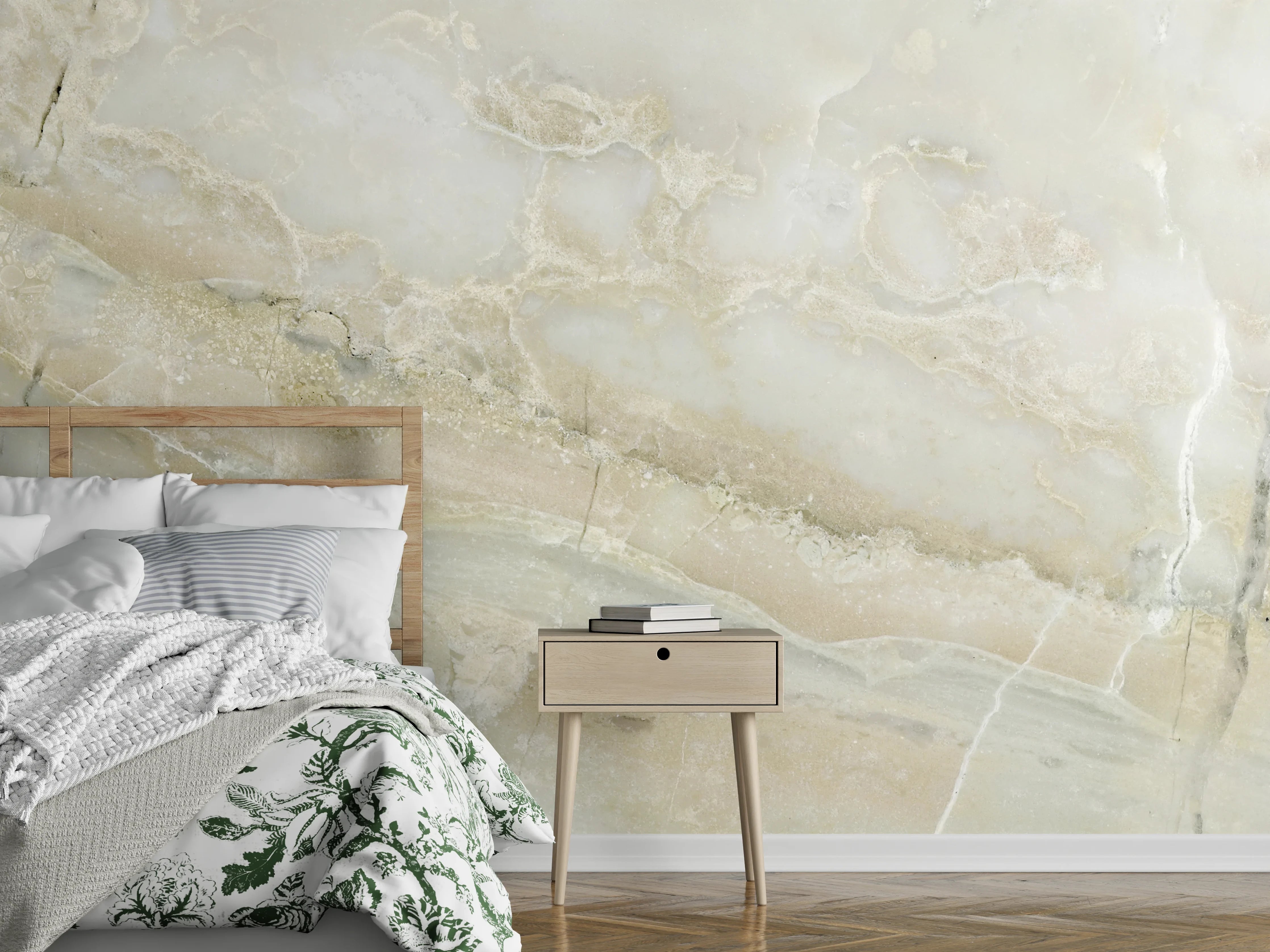 Wandverkleidung Schlafzimmer - Eleganter weiß-beiger Marmor-Look