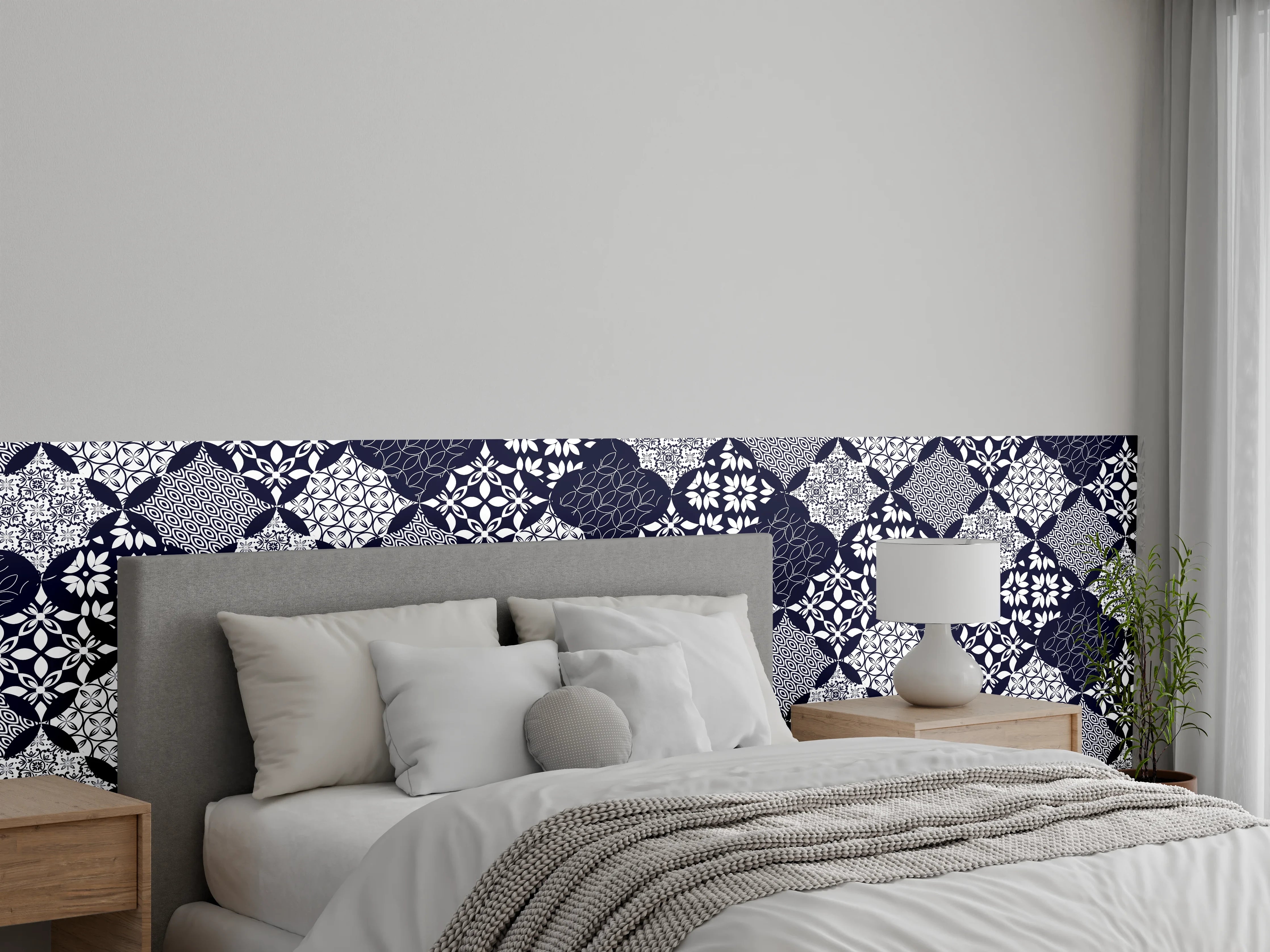 Wandverkleidung Schlafzimmer - Elegantes Blau-Weiß-Grau Muster