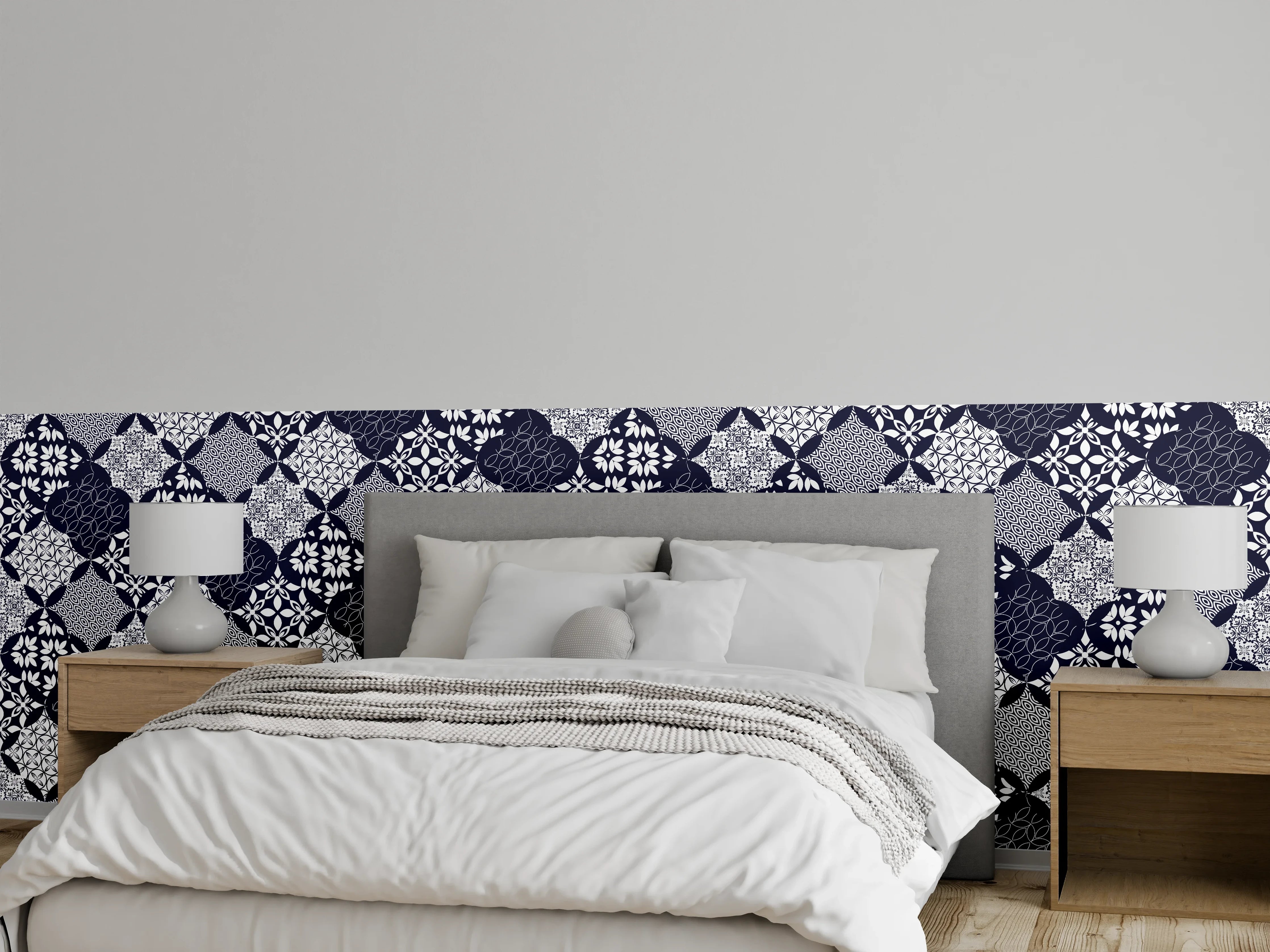 Wandverkleidung Schlafzimmer - Elegantes Blau-Weiß-Grau Muster