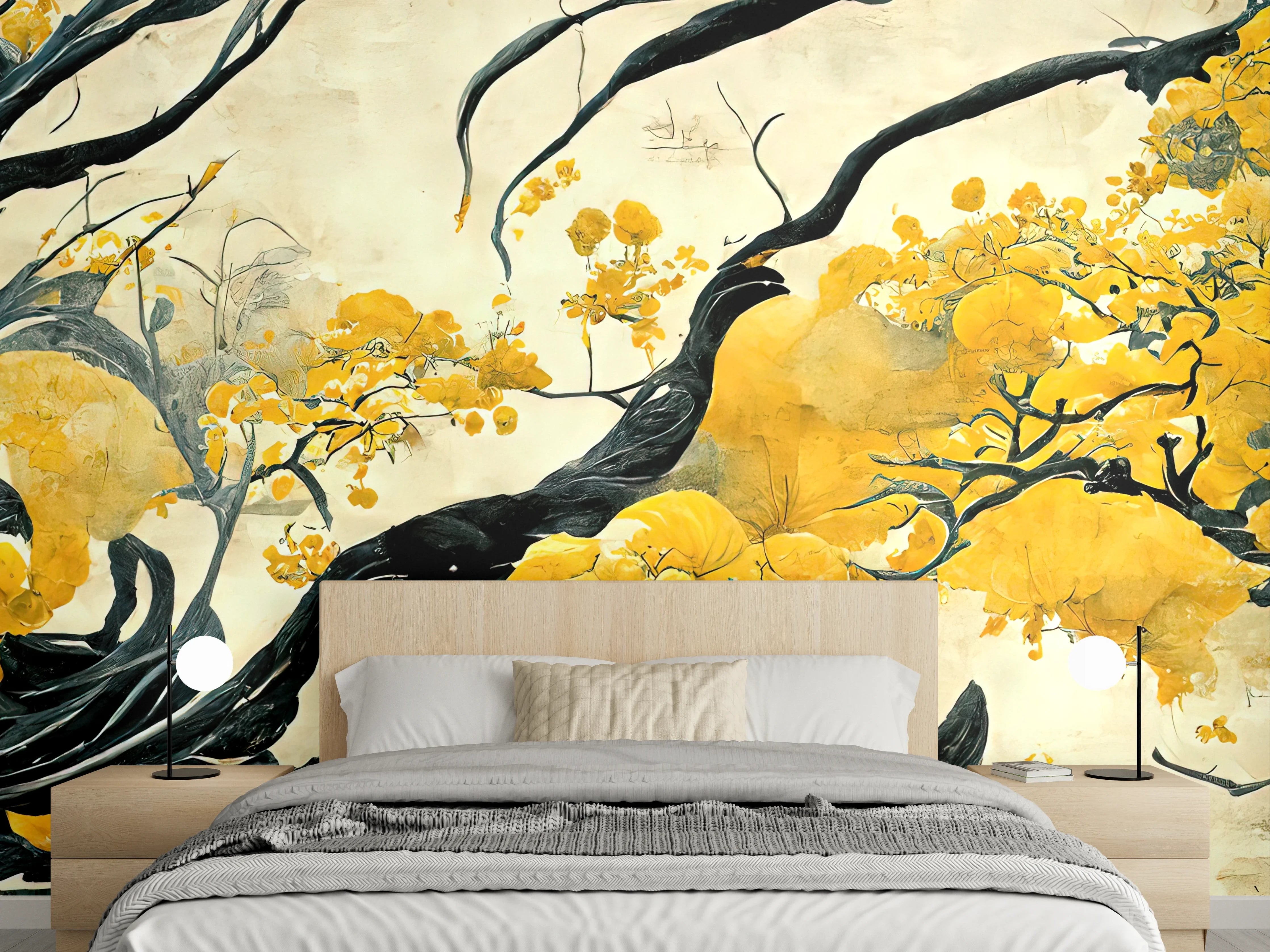 Wandverkleidung Schlafzimmer - Elegantes Blüten-Aquarell Gelb Schwarz