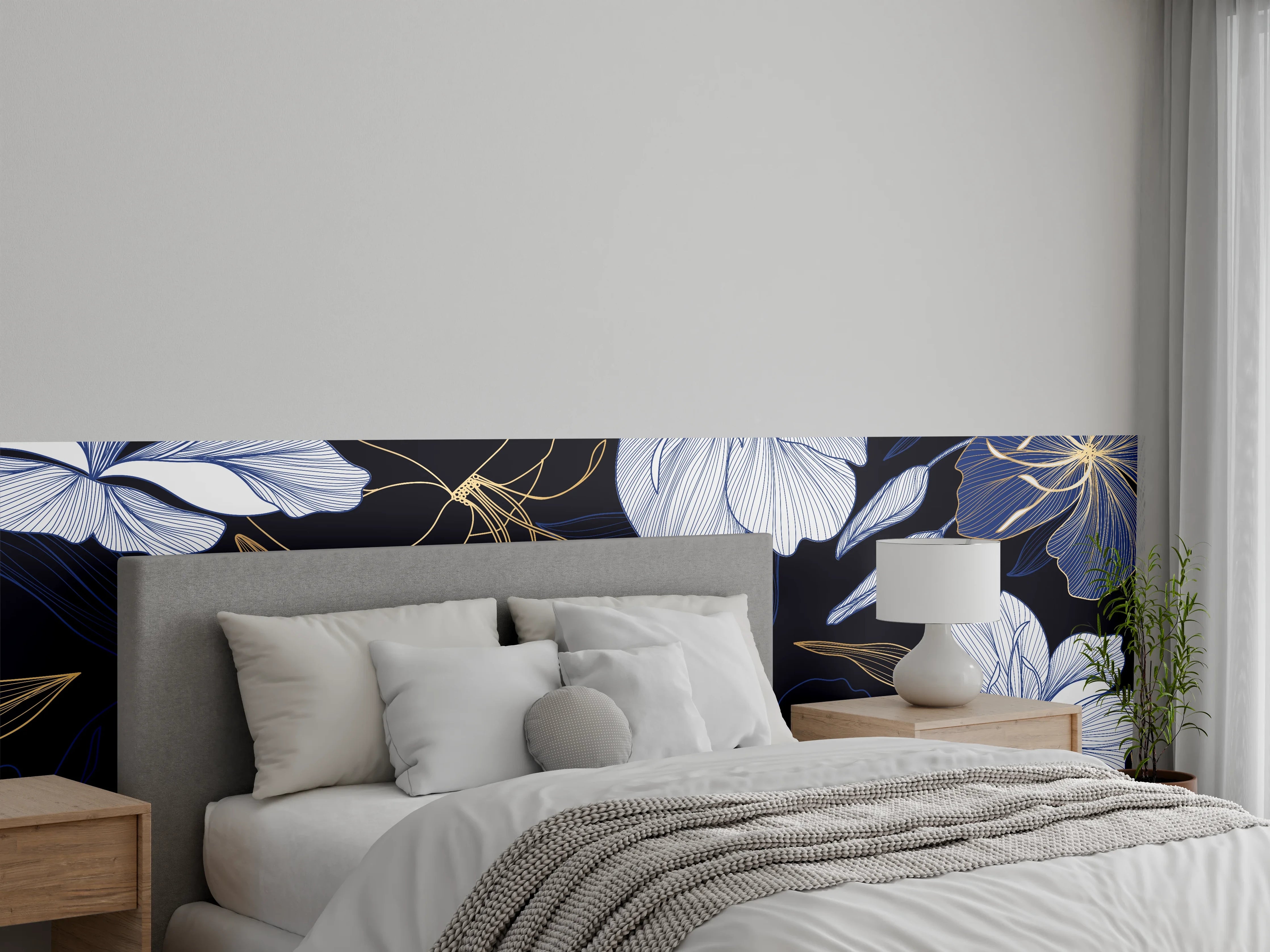Wandverkleidung Schlafzimmer - Elegantes Blumen-Muster Dunkelblau