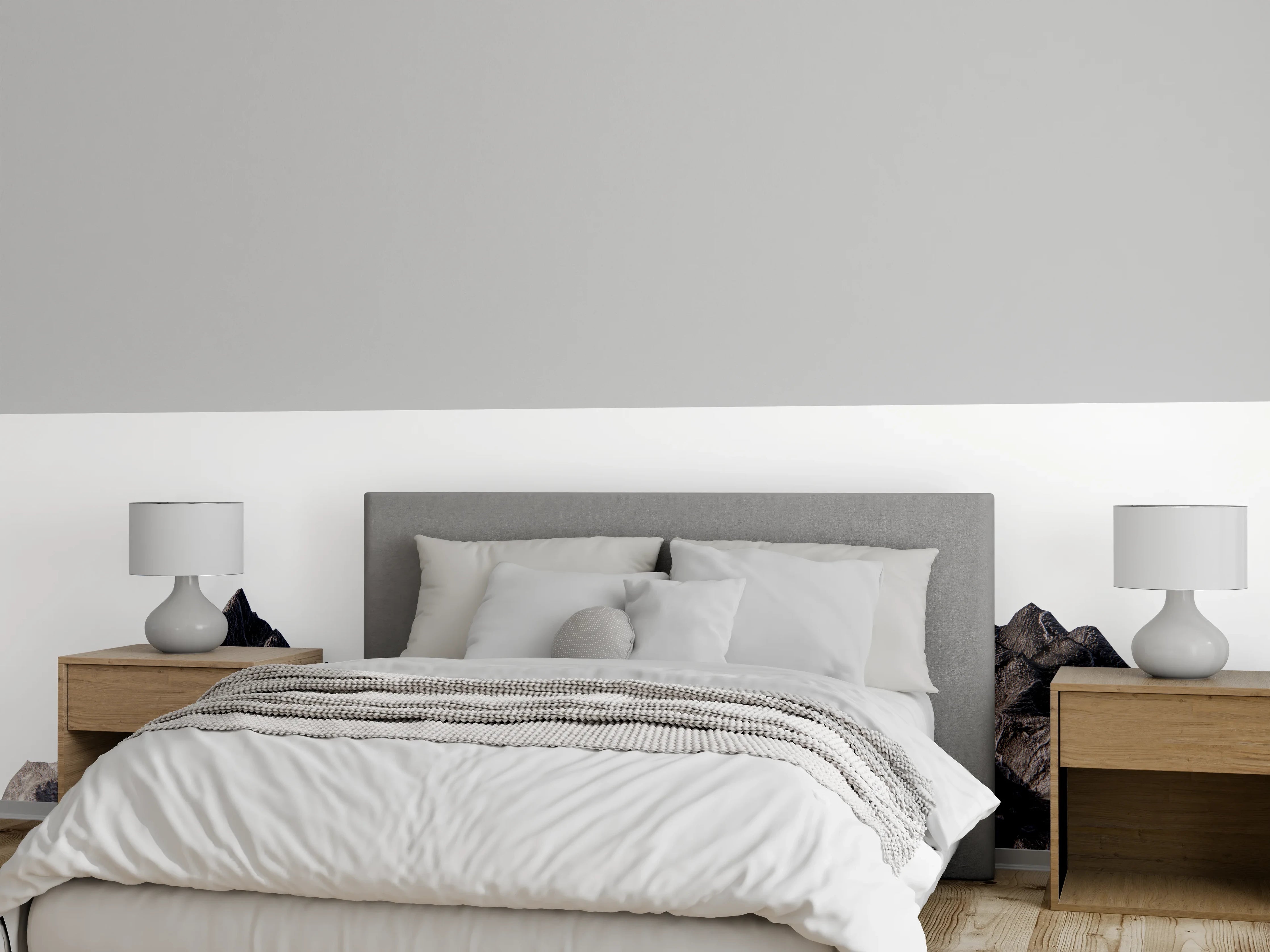 Wandverkleidung Schlafzimmer - Elegantes Gebirgsmotiv in Grau und Weiß