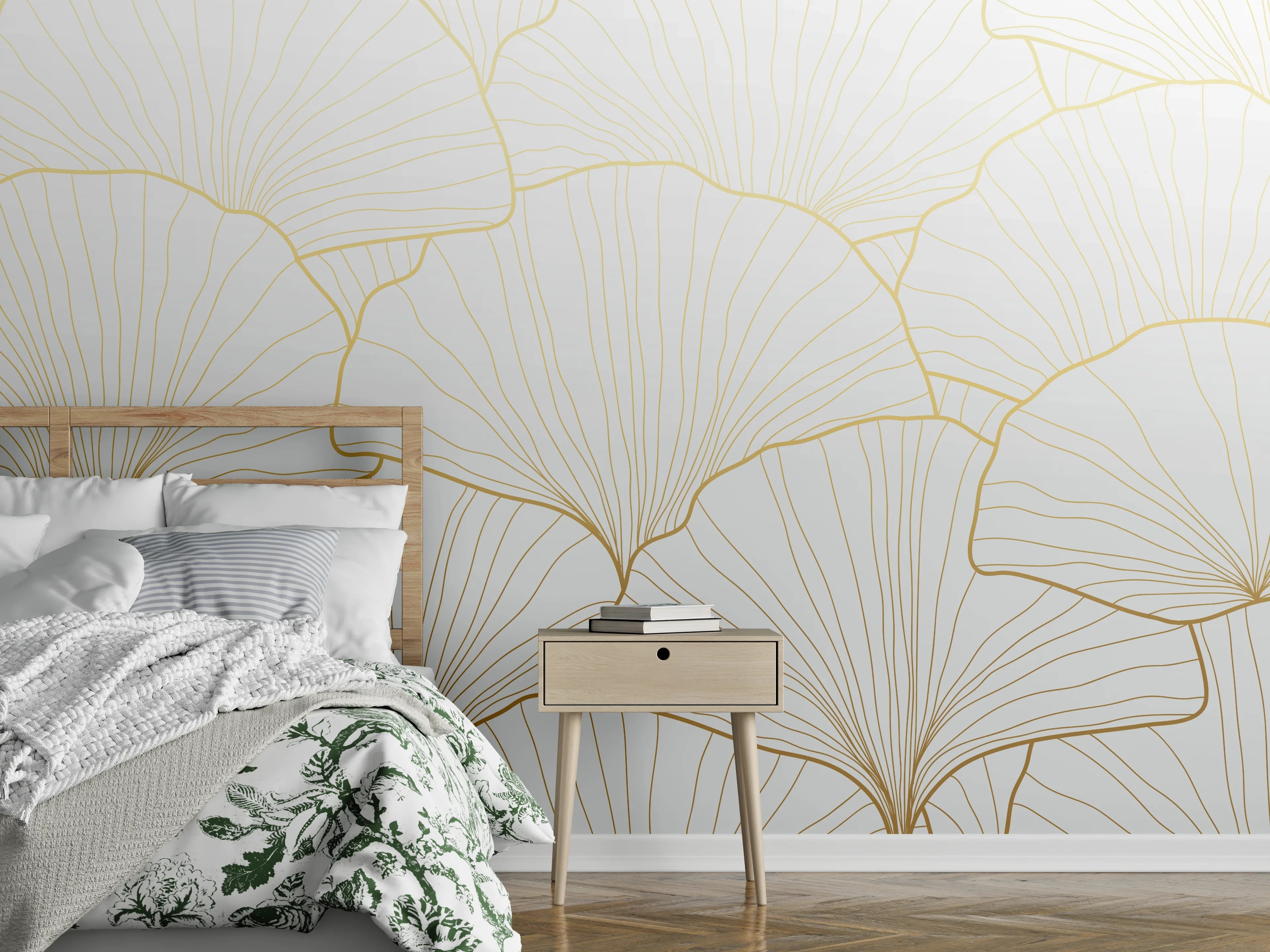 Wandverkleidung Schlafzimmer - Elegantes Ginkgo-Blatt Design Weiß-Gold