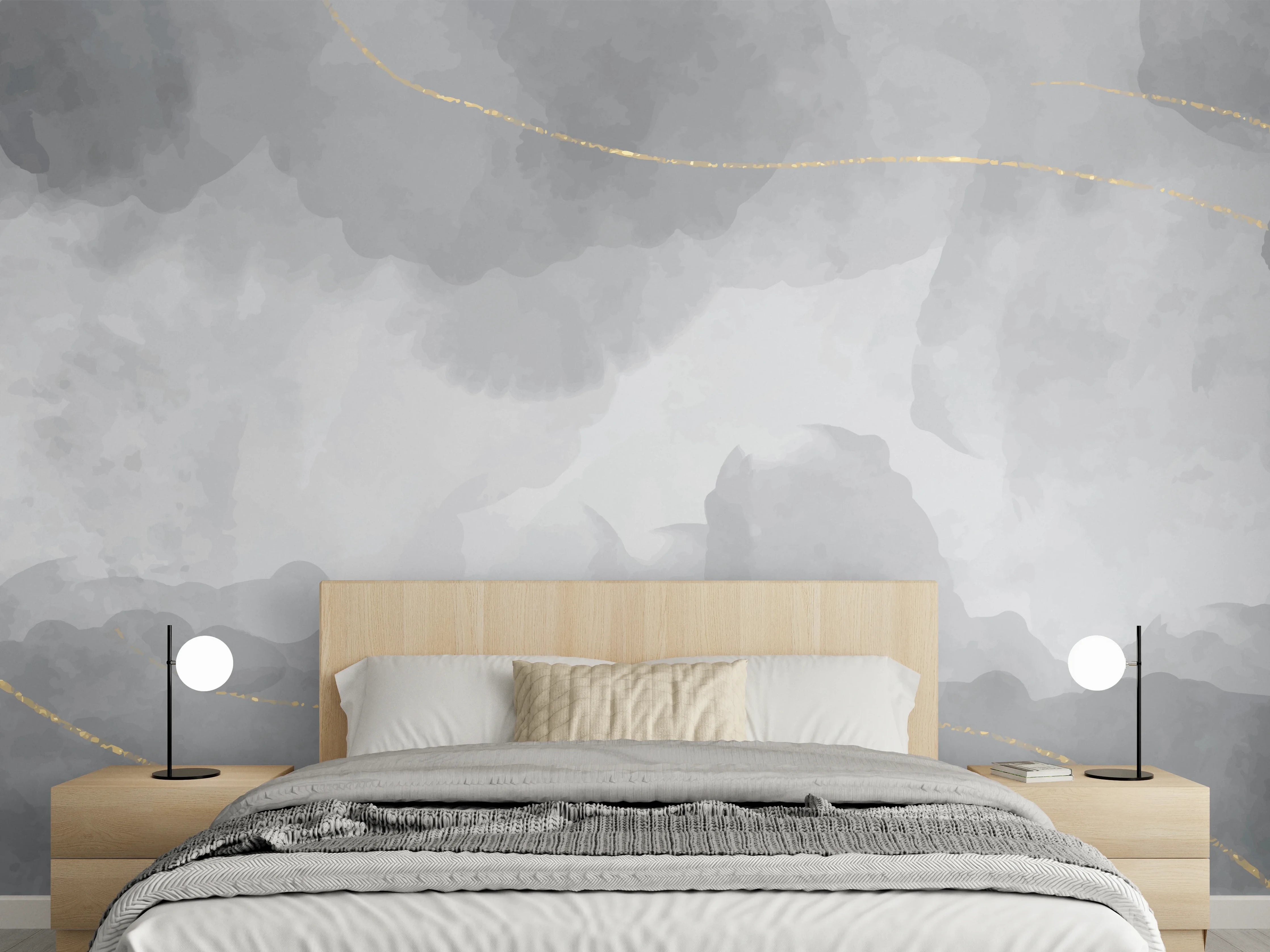Wandverkleidung Schlafzimmer - Elegantes Grau-Weiß Aquarell mit Goldlinien