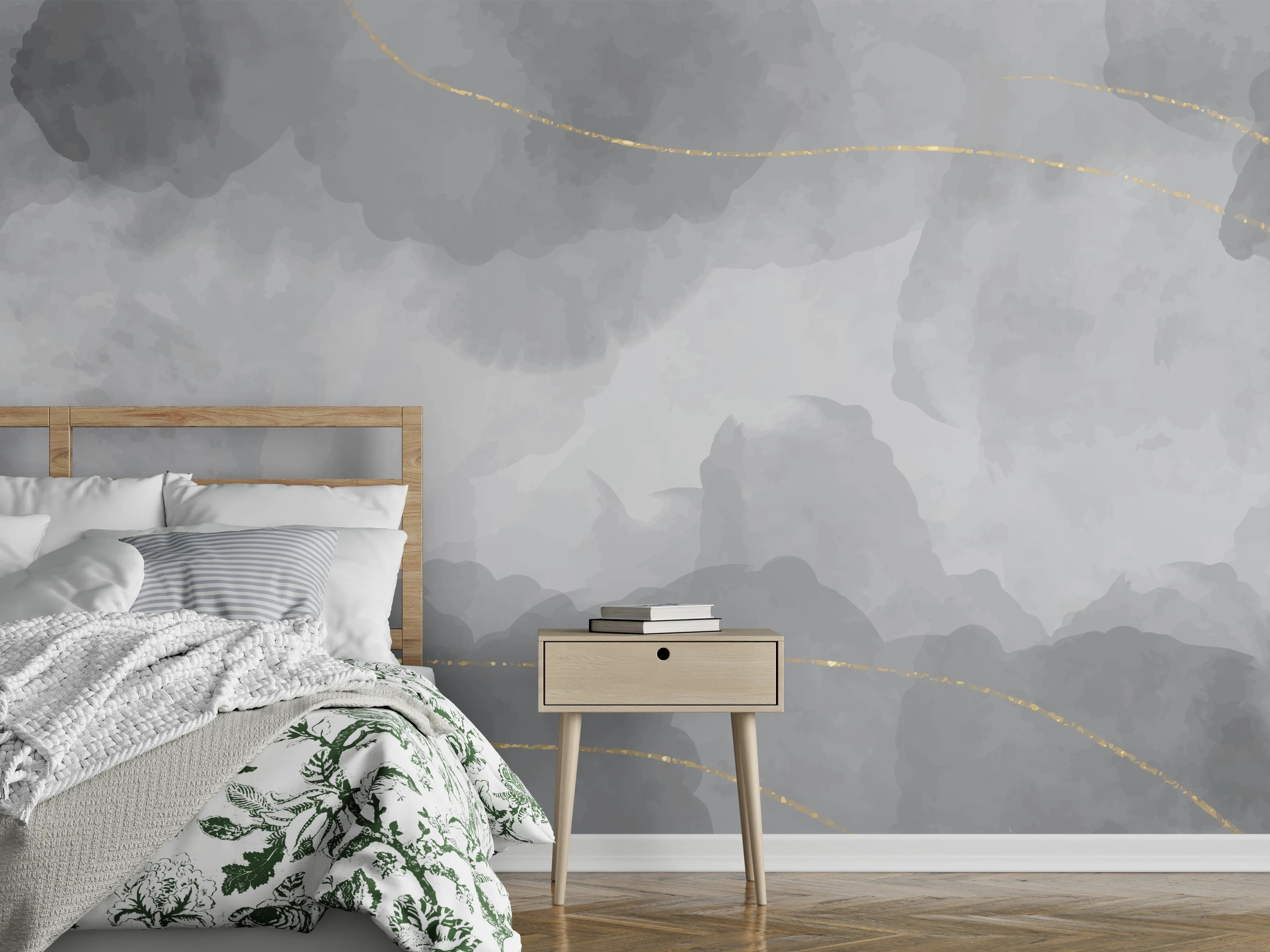 Wandverkleidung Schlafzimmer - Elegantes Grau-Weiß Aquarell mit Goldlinien