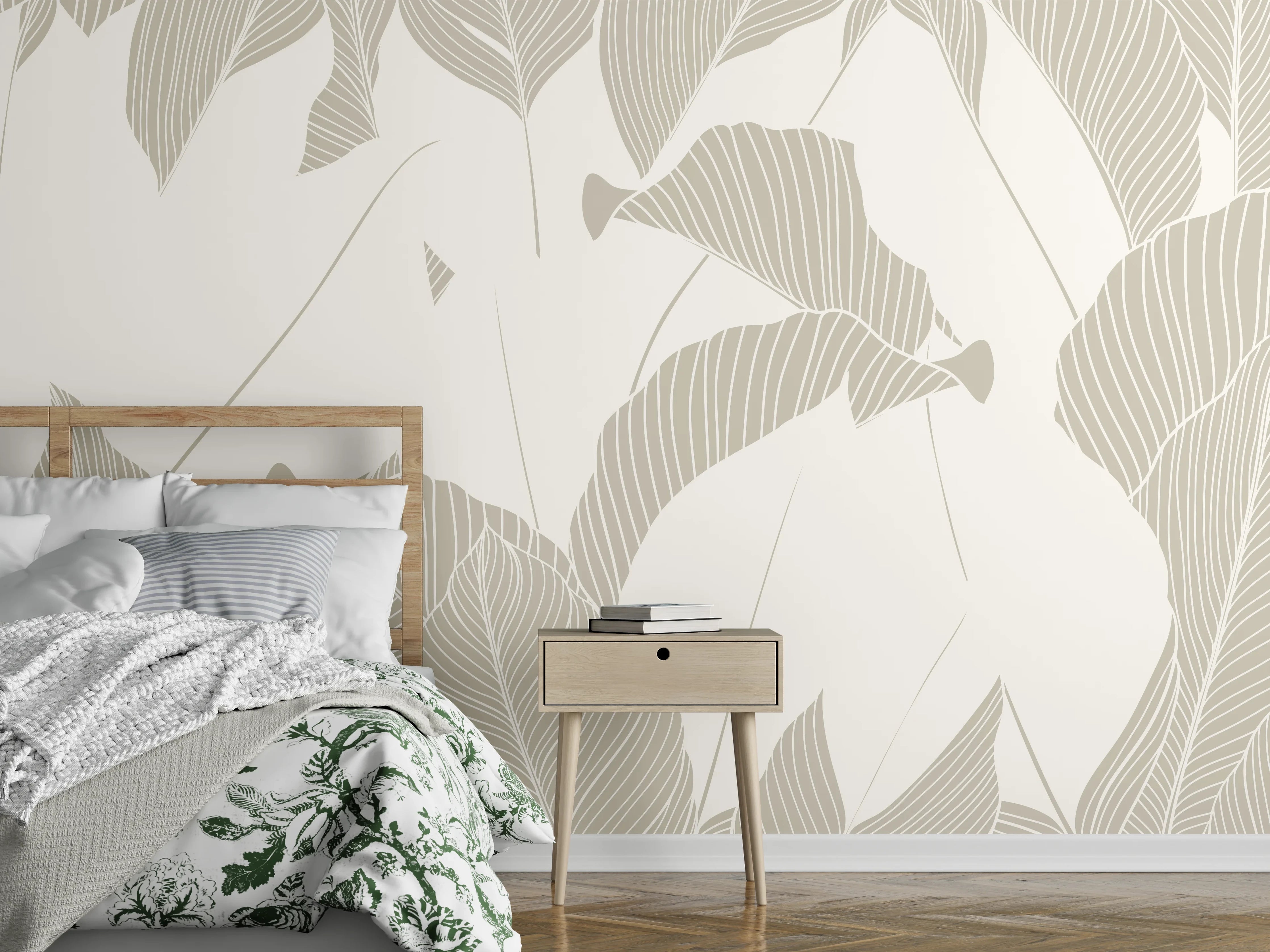 Wandverkleidung Schlafzimmer - Elegantes Grau-Weiß Blattmuster