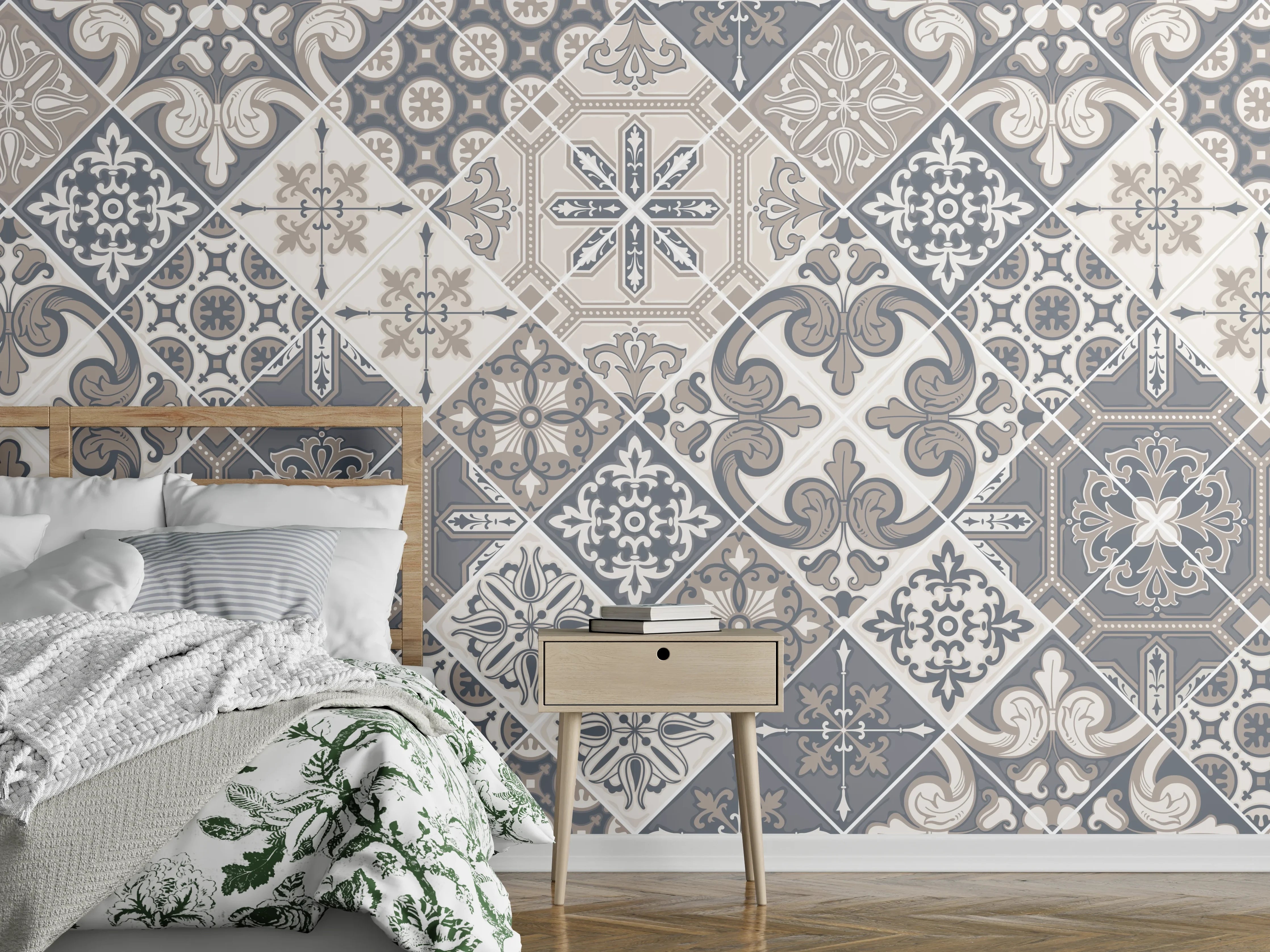 Wandverkleidung Schlafzimmer - Elegantes Grau-Weiß Mosaikmuster