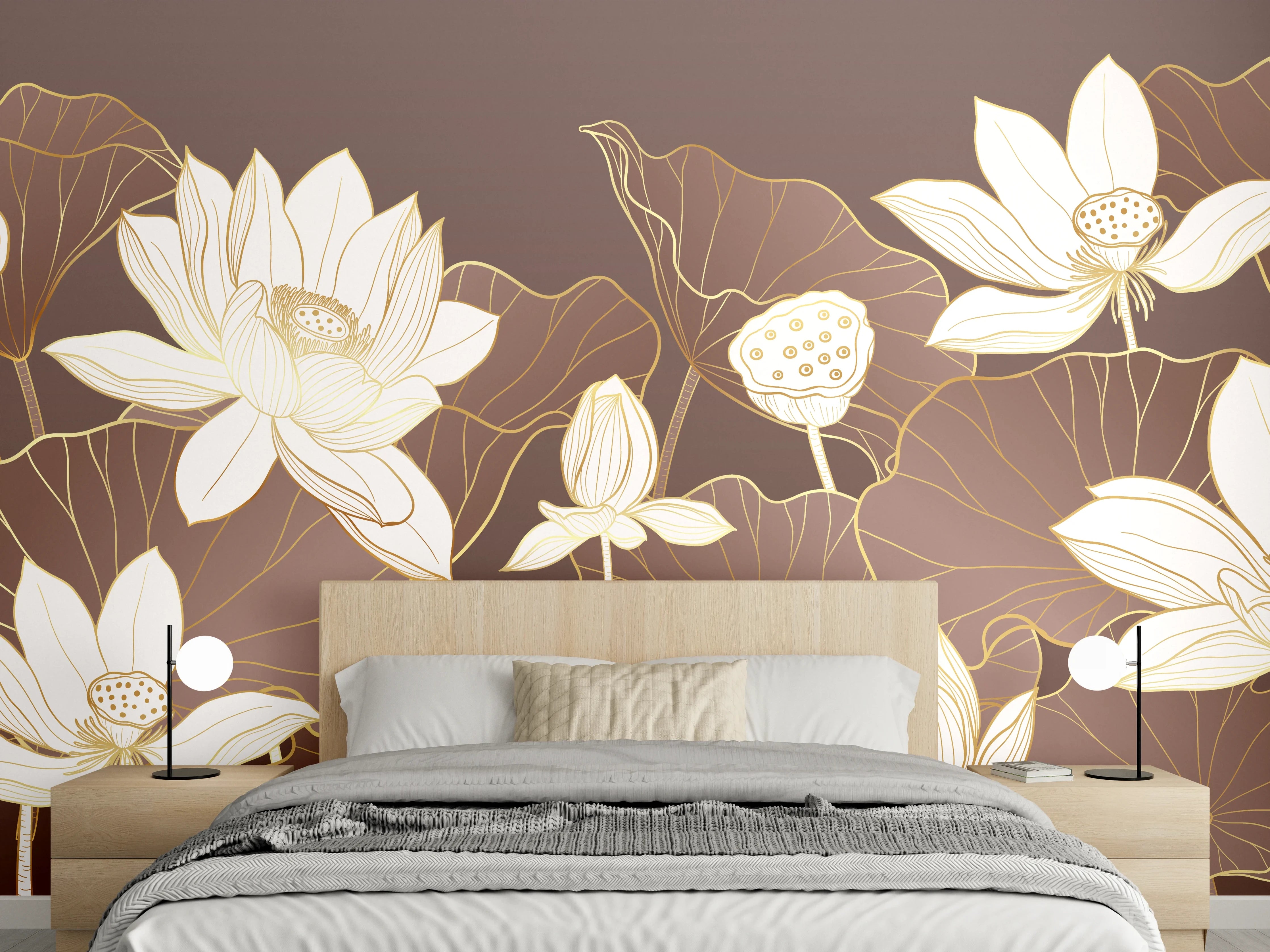 Wandverkleidung Schlafzimmer - Elegantes Lotusblüten-Design Braun Gold