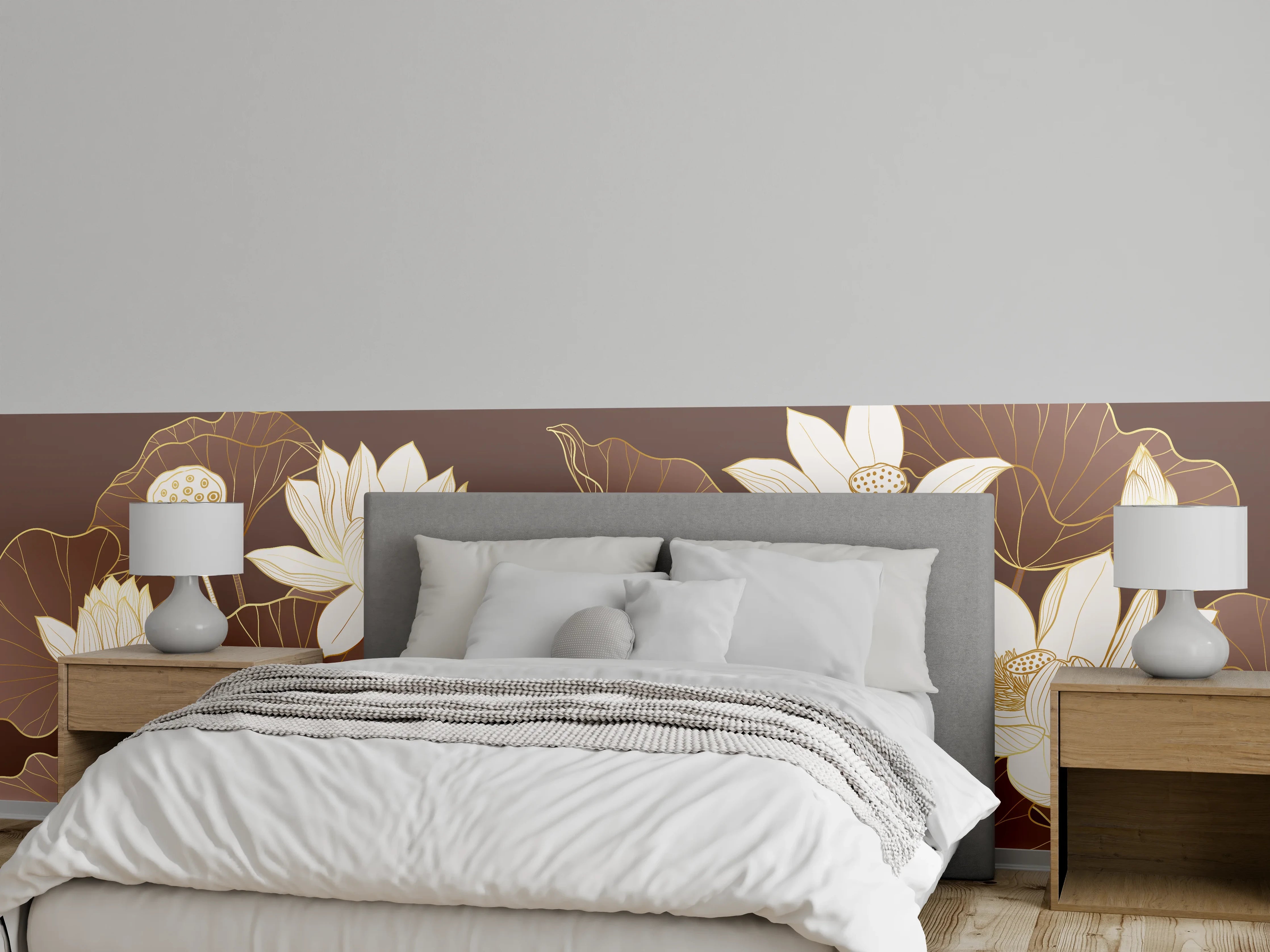 Wandverkleidung Schlafzimmer - Elegantes Lotusblüten-Design Braun Gold