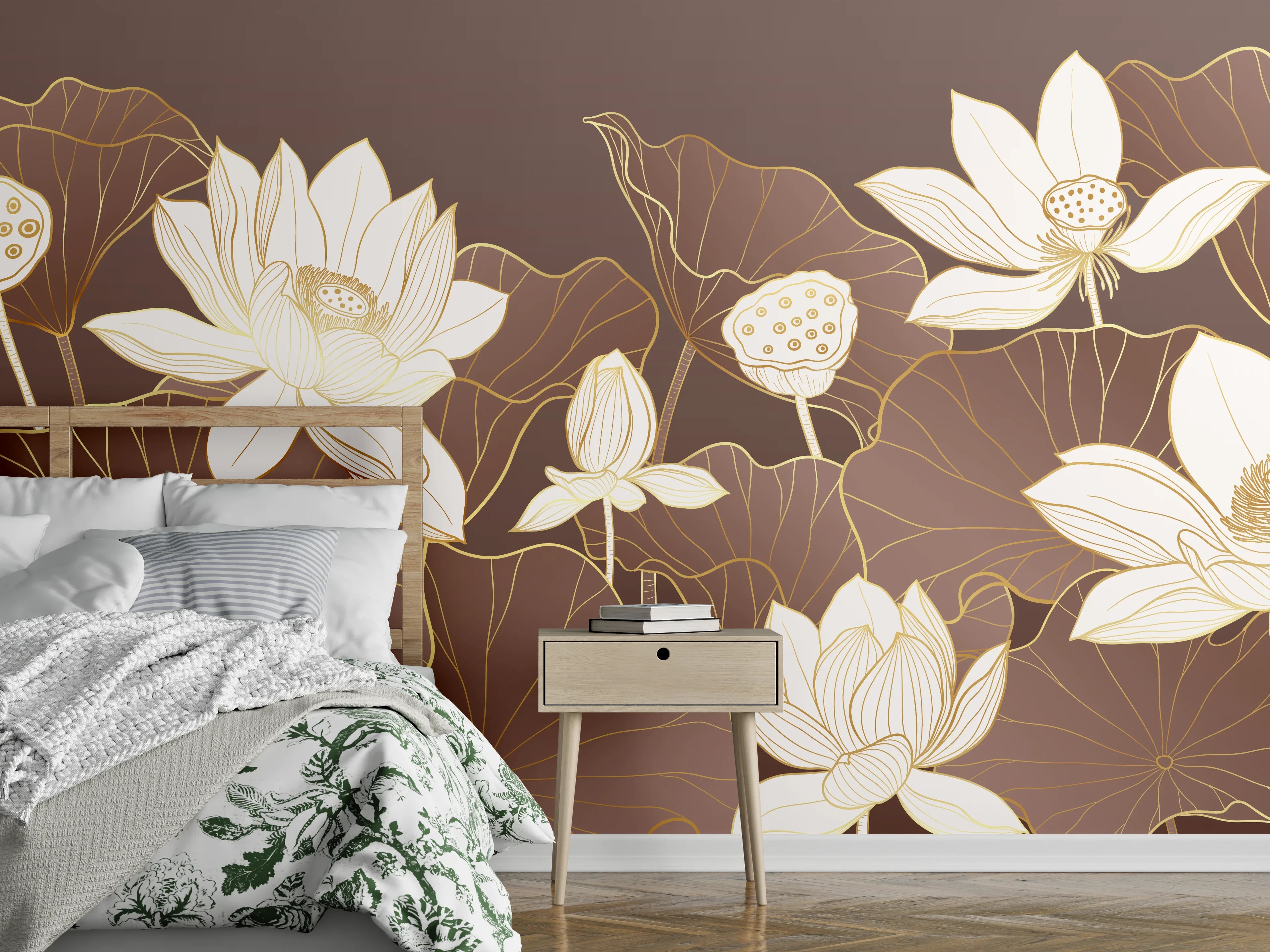 Wandverkleidung Schlafzimmer - Elegantes Lotusblüten-Design Braun Gold
