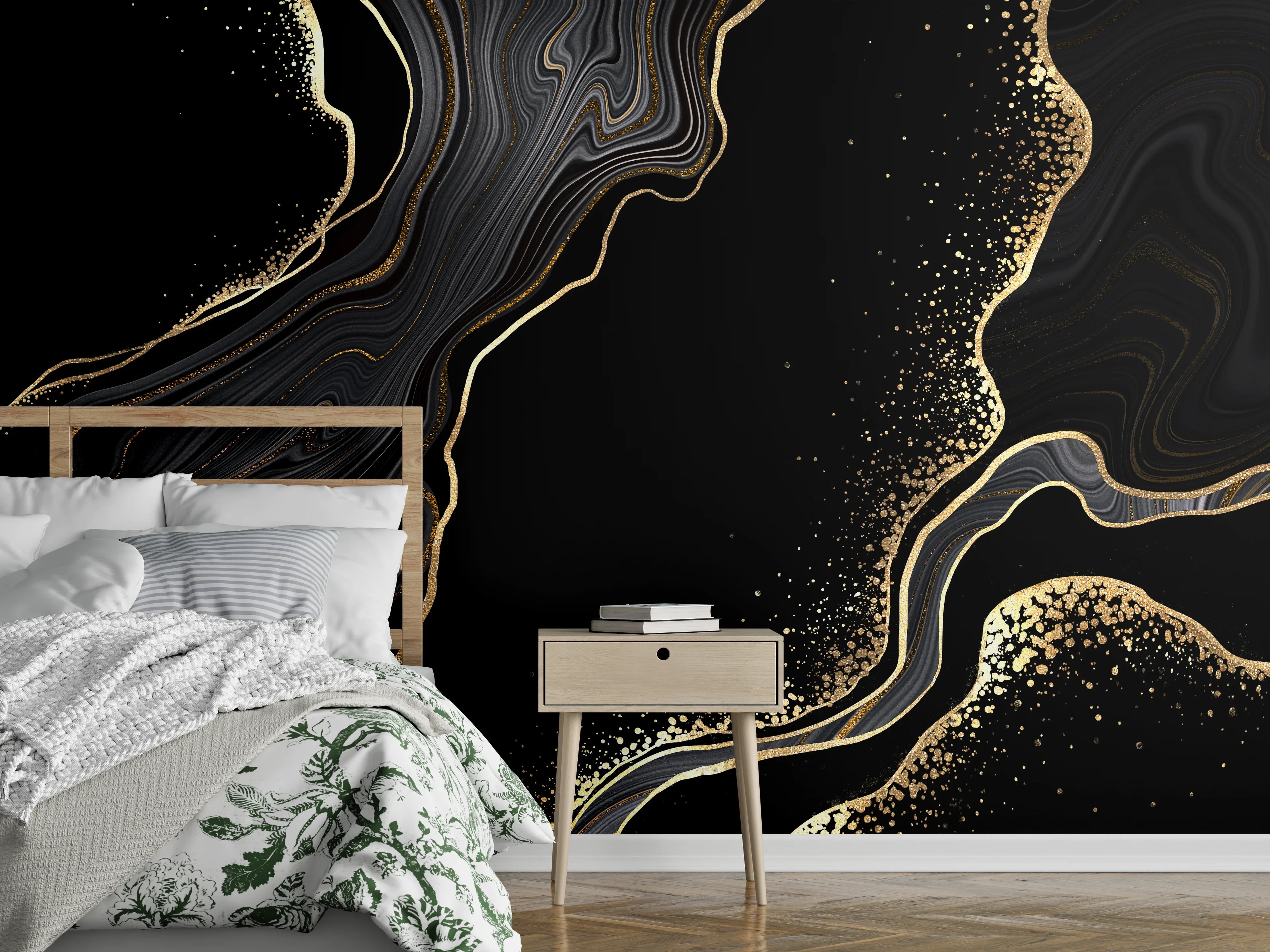 Wandverkleidung Schlafzimmer - Elegantes Schwarz-Gold-Marmor-Design