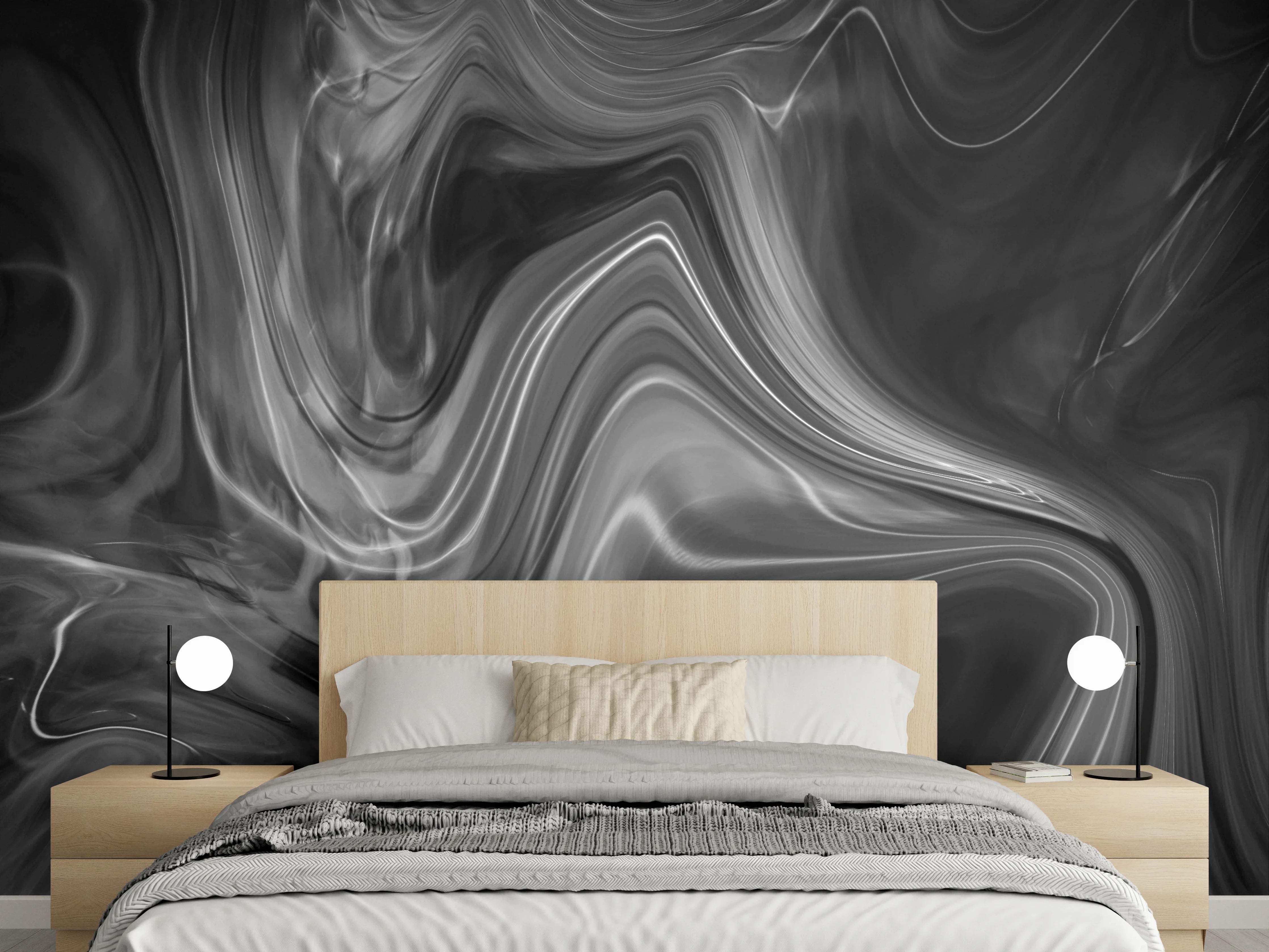 Wandverkleidung Schlafzimmer - Elegantes Schwarzweiß-Motiv mit fließenden Linien