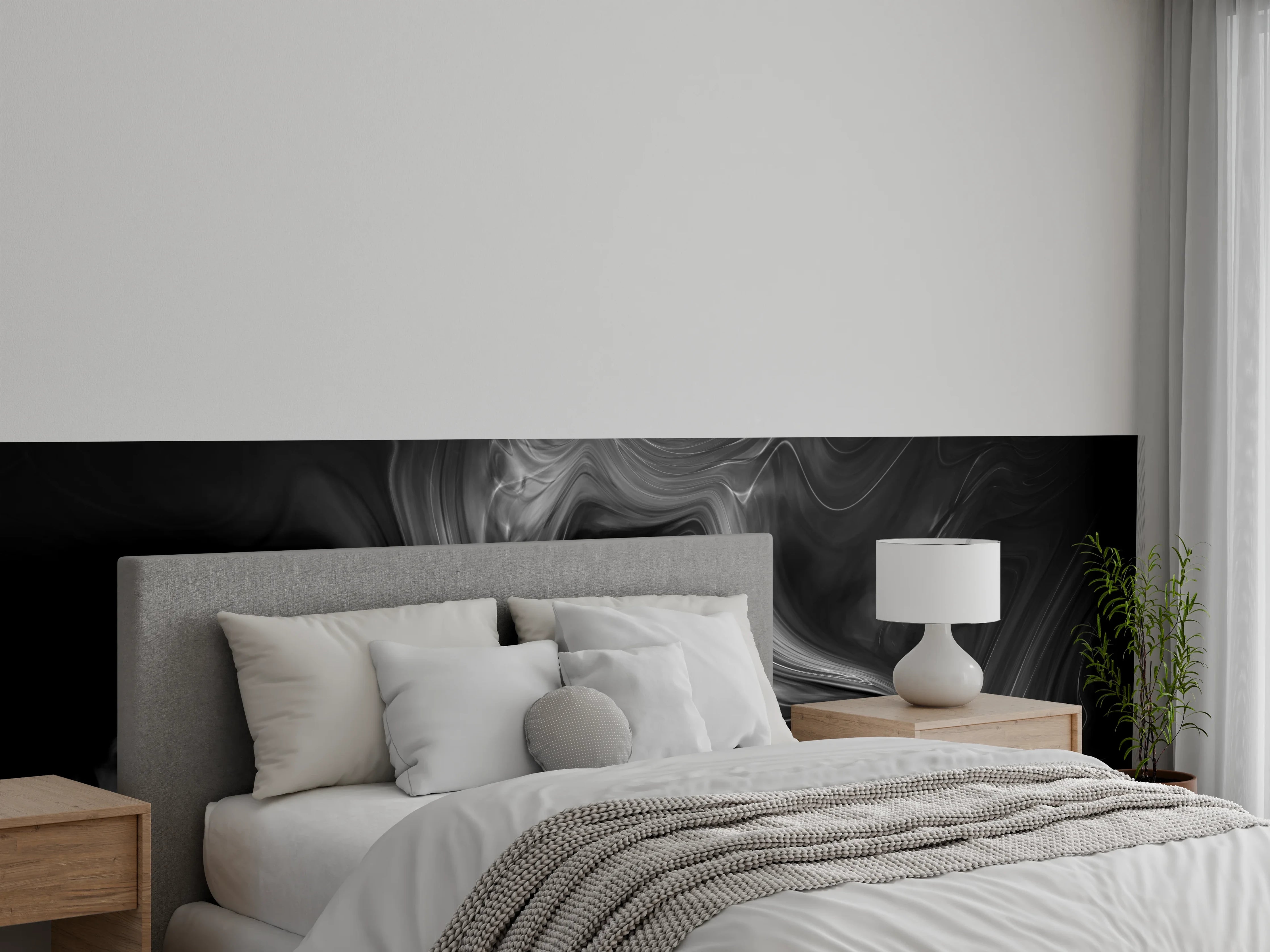 Wandverkleidung Schlafzimmer - Elegantes Schwarzweiß-Motiv mit fließenden Linien