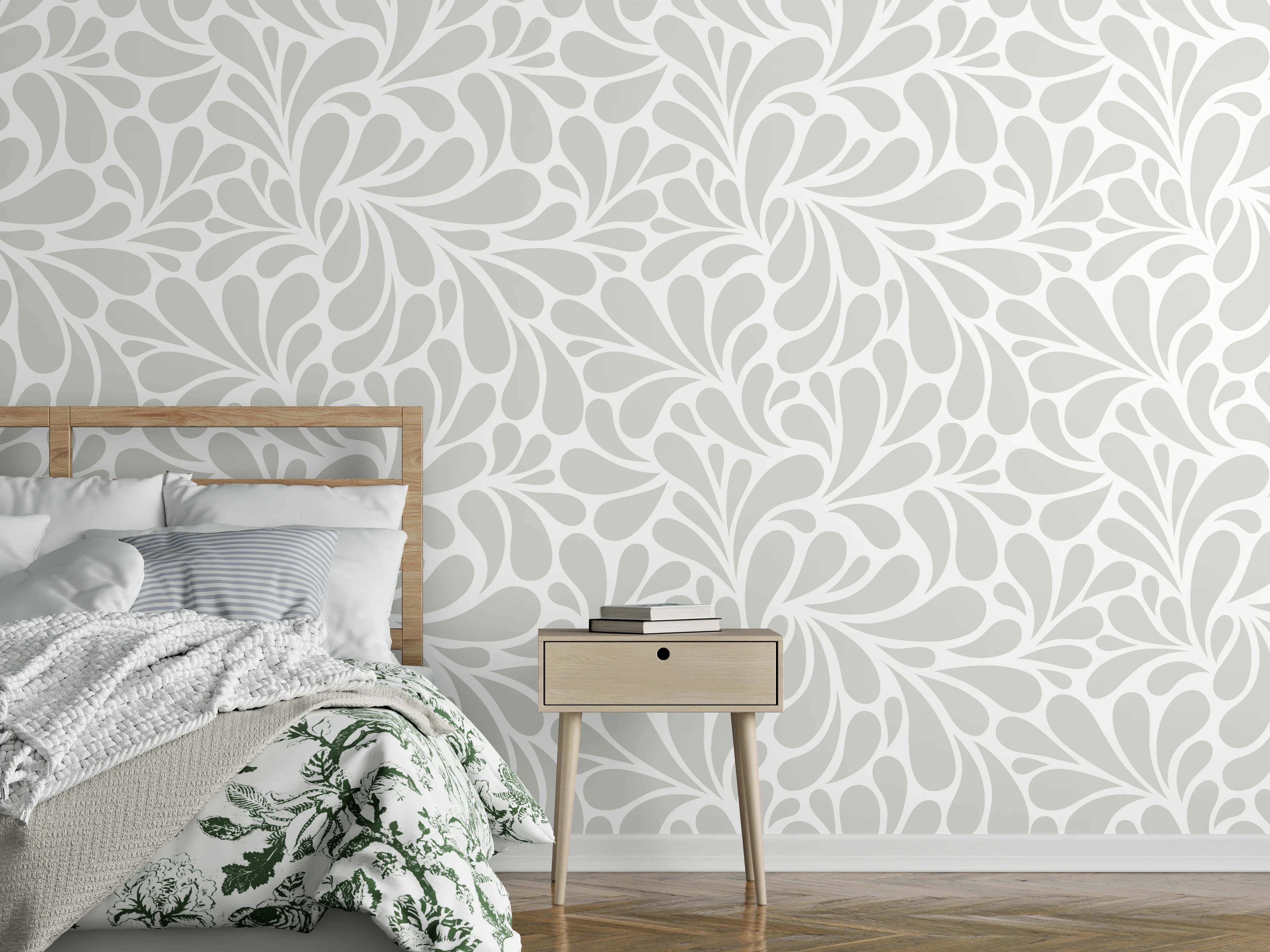 Wandverkleidung Schlafzimmer - Elegantes Tropenmuster in Softweiß