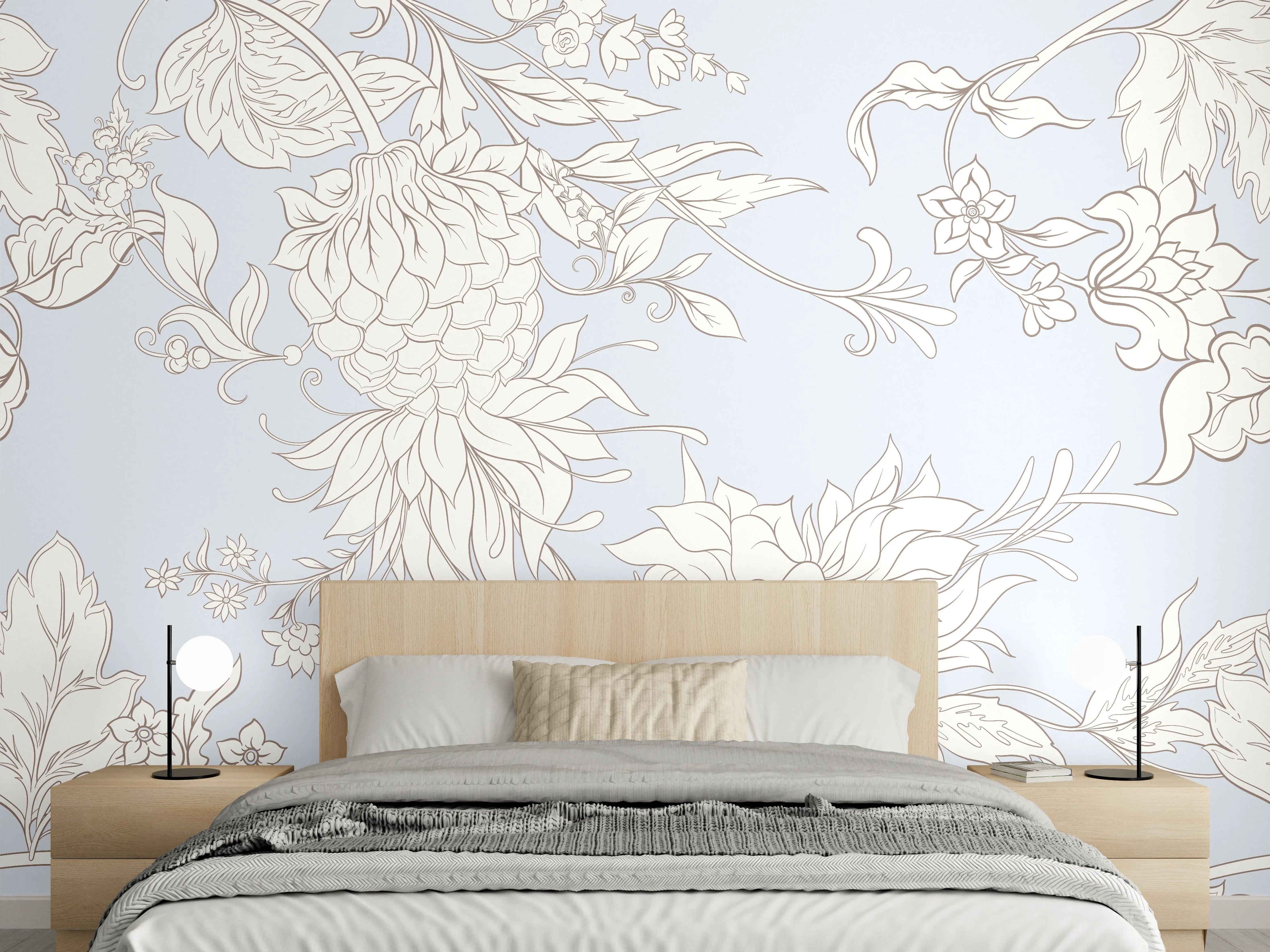 Wandverkleidung Schlafzimmer - Elegantes florales Lineart-Muster weiß-grau