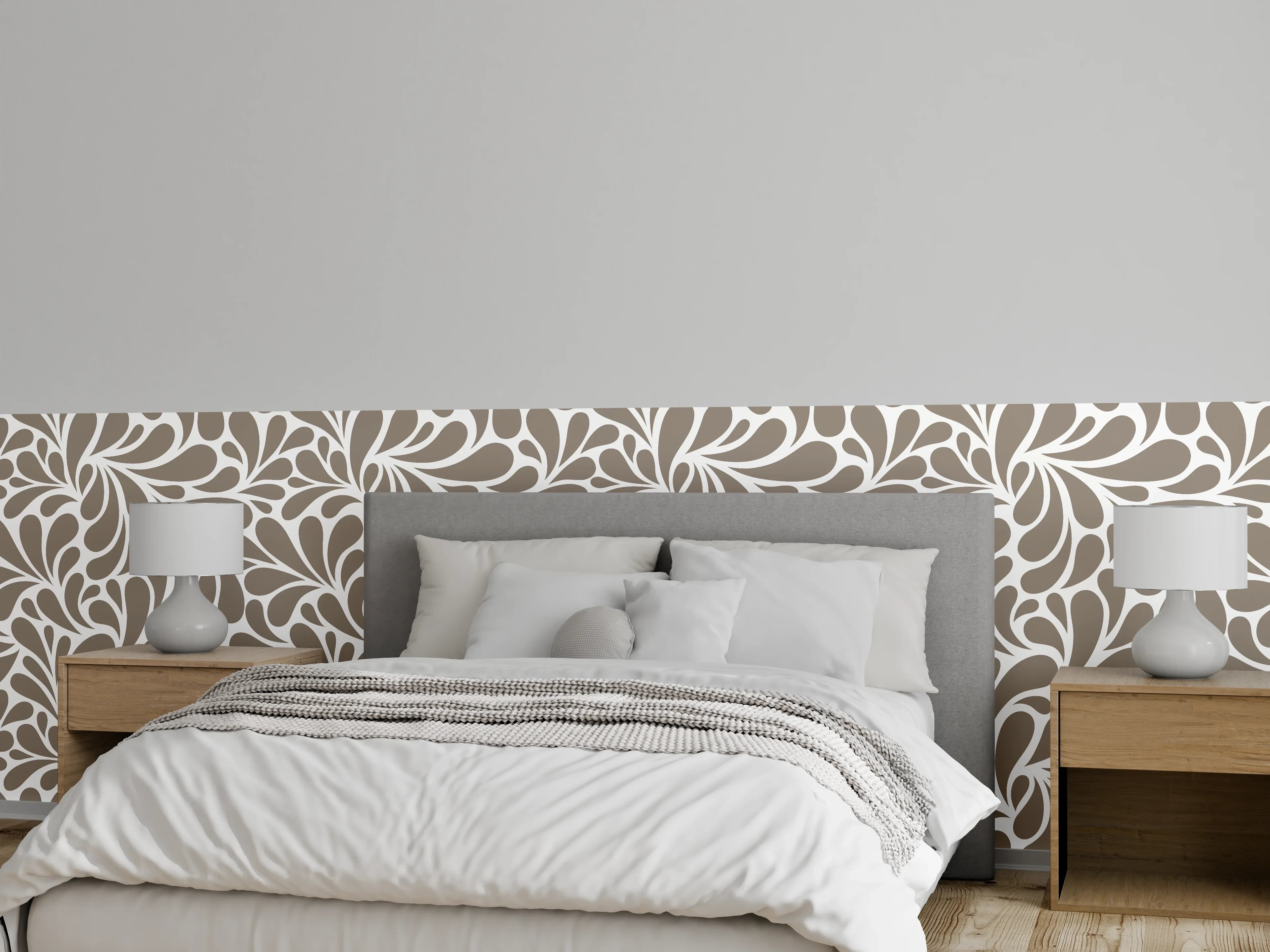 Wandverkleidung Schlafzimmer - Elegantes florales Muster in Beige und Grau