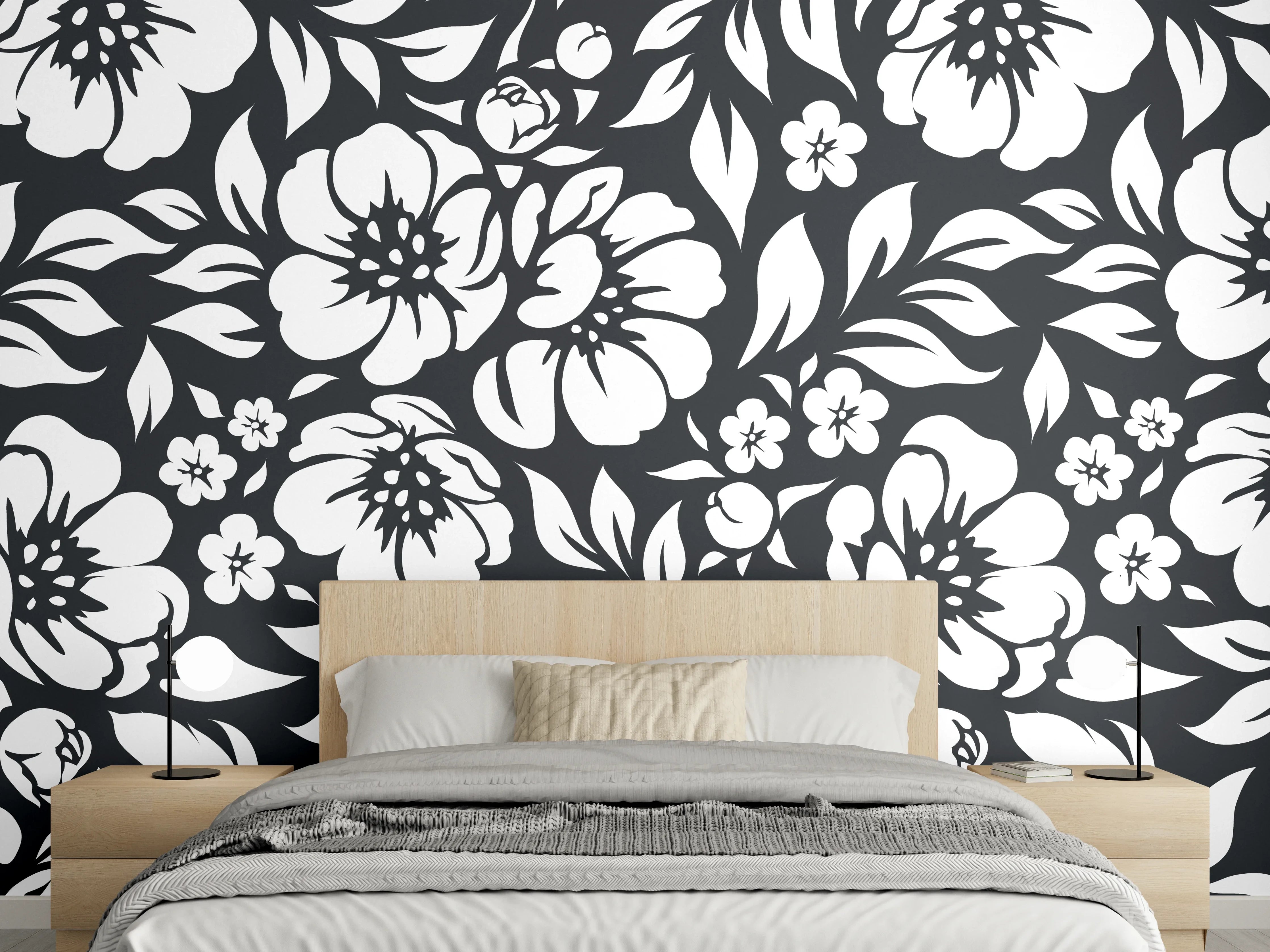 Wandverkleidung Schlafzimmer - Elegantes schwarz-weiß Blumenmuster