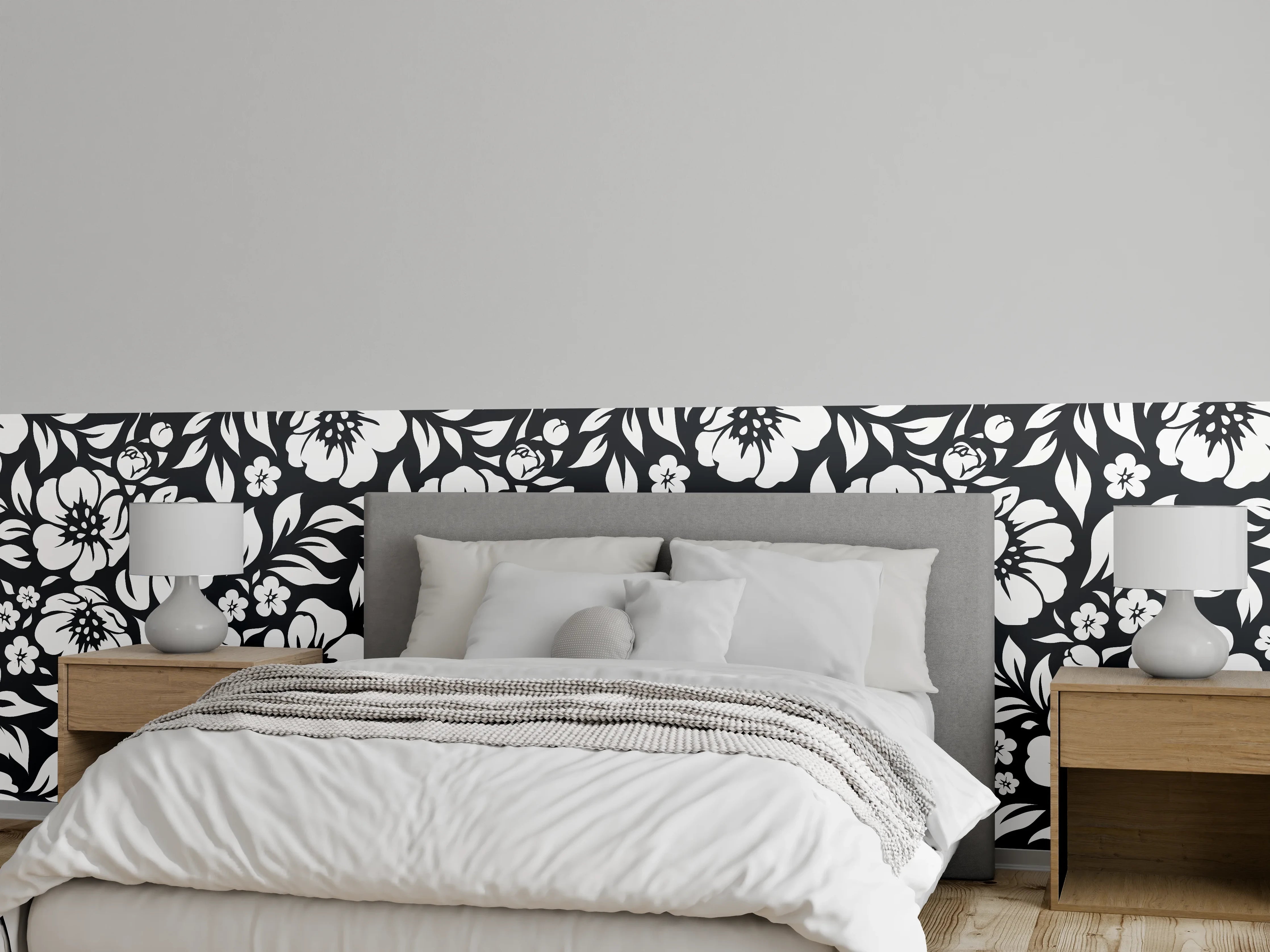 Wandverkleidung Schlafzimmer - Elegantes schwarz-weiß Blumenmuster