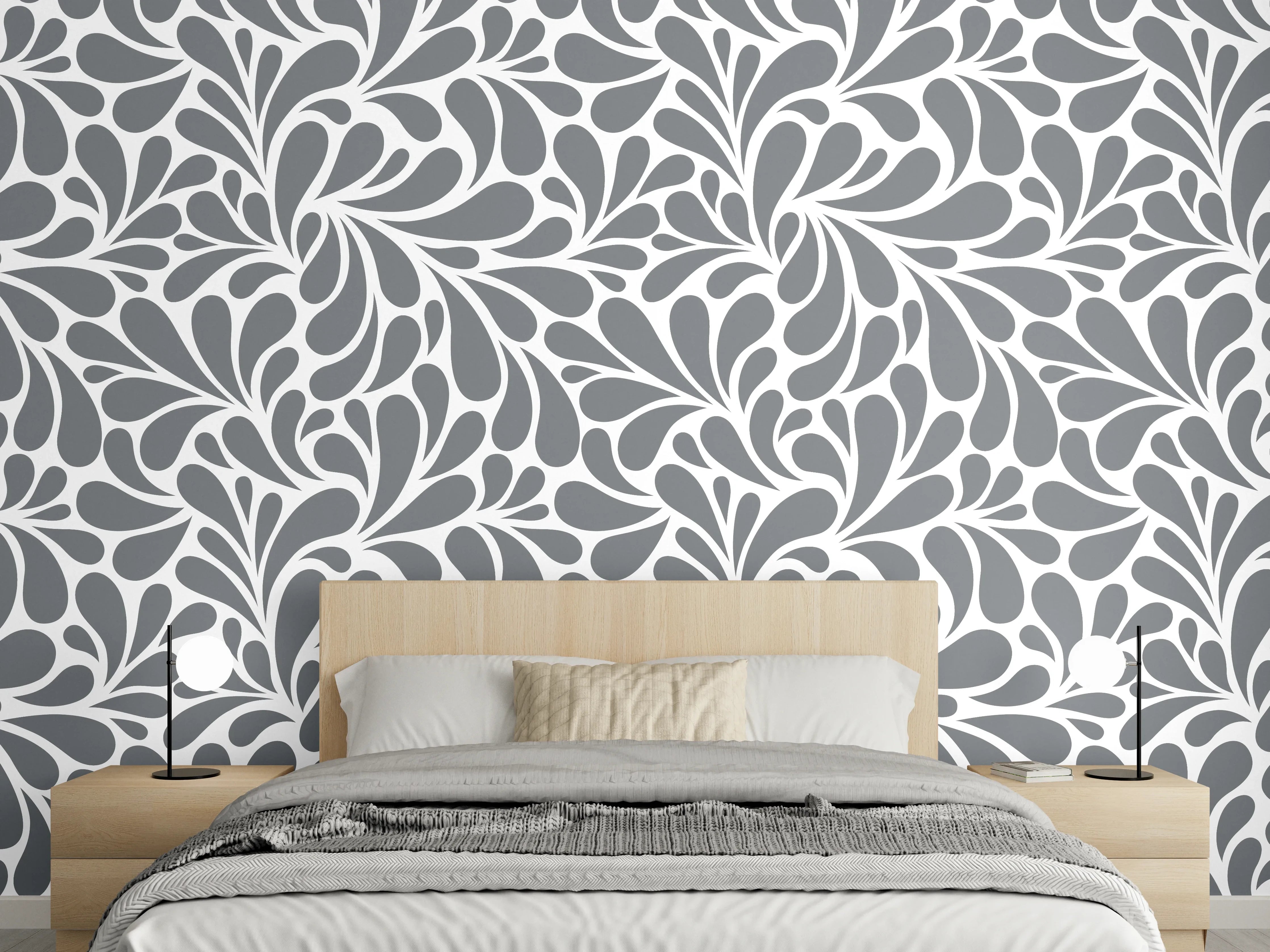 Wandverkleidung Schlafzimmer - Elegantes, graues Blättermuster für stilvolle Einrichtung