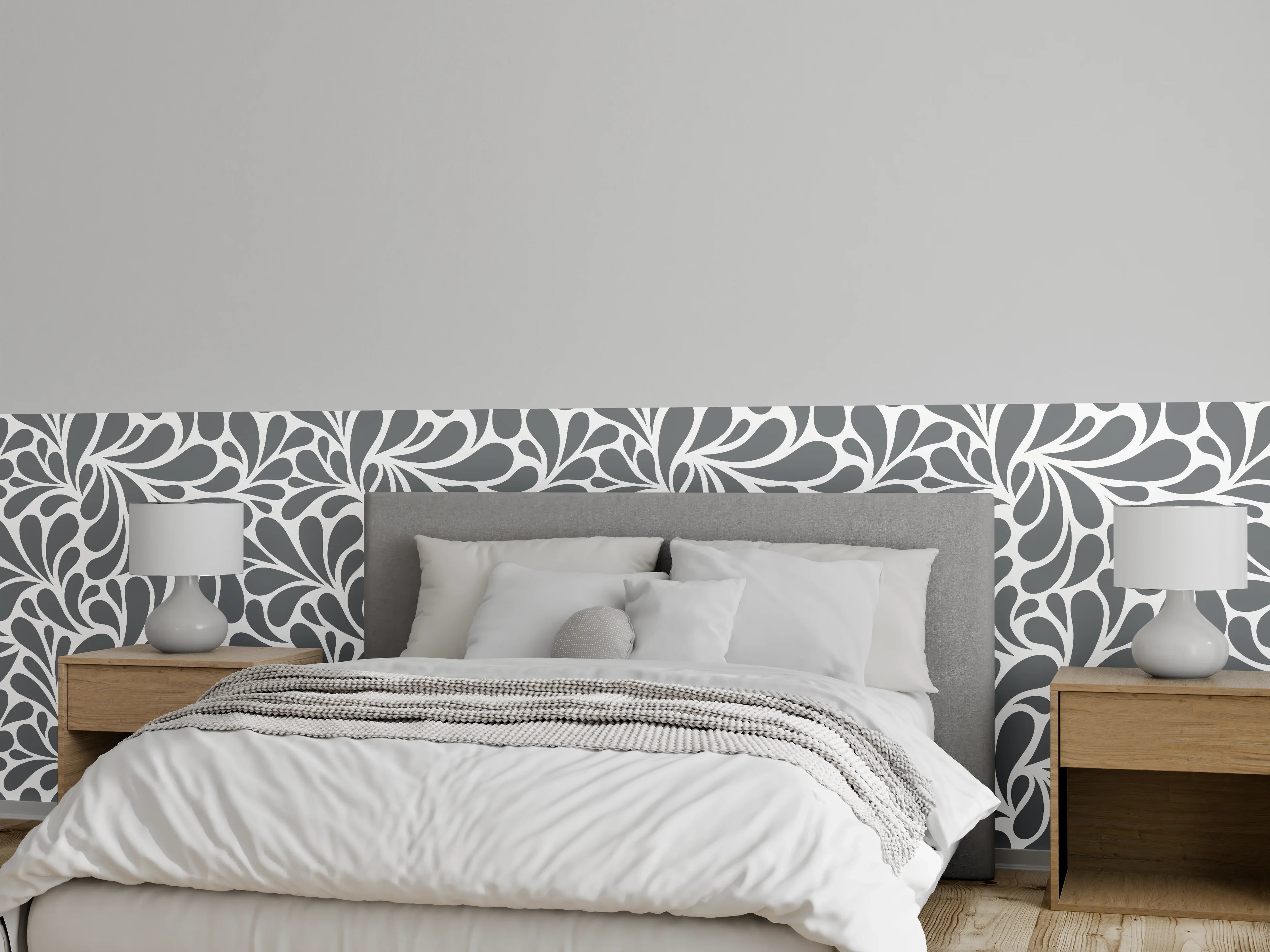 Wandverkleidung Schlafzimmer - Elegantes, graues Blättermuster für stilvolle Einrichtung