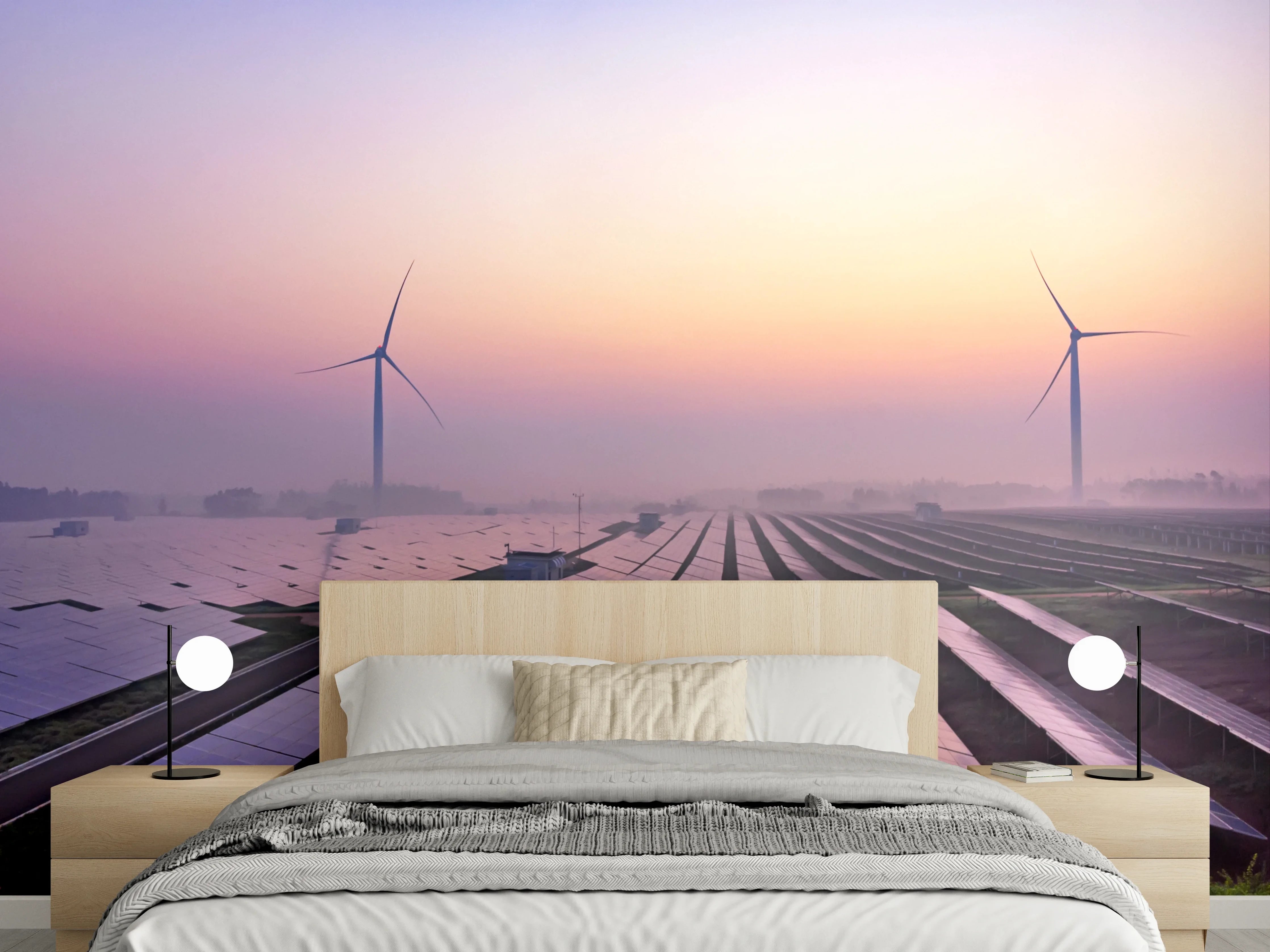 Wandverkleidung Schlafzimmer - Erneuerbare Energie bei Sonnenaufgang Motiv