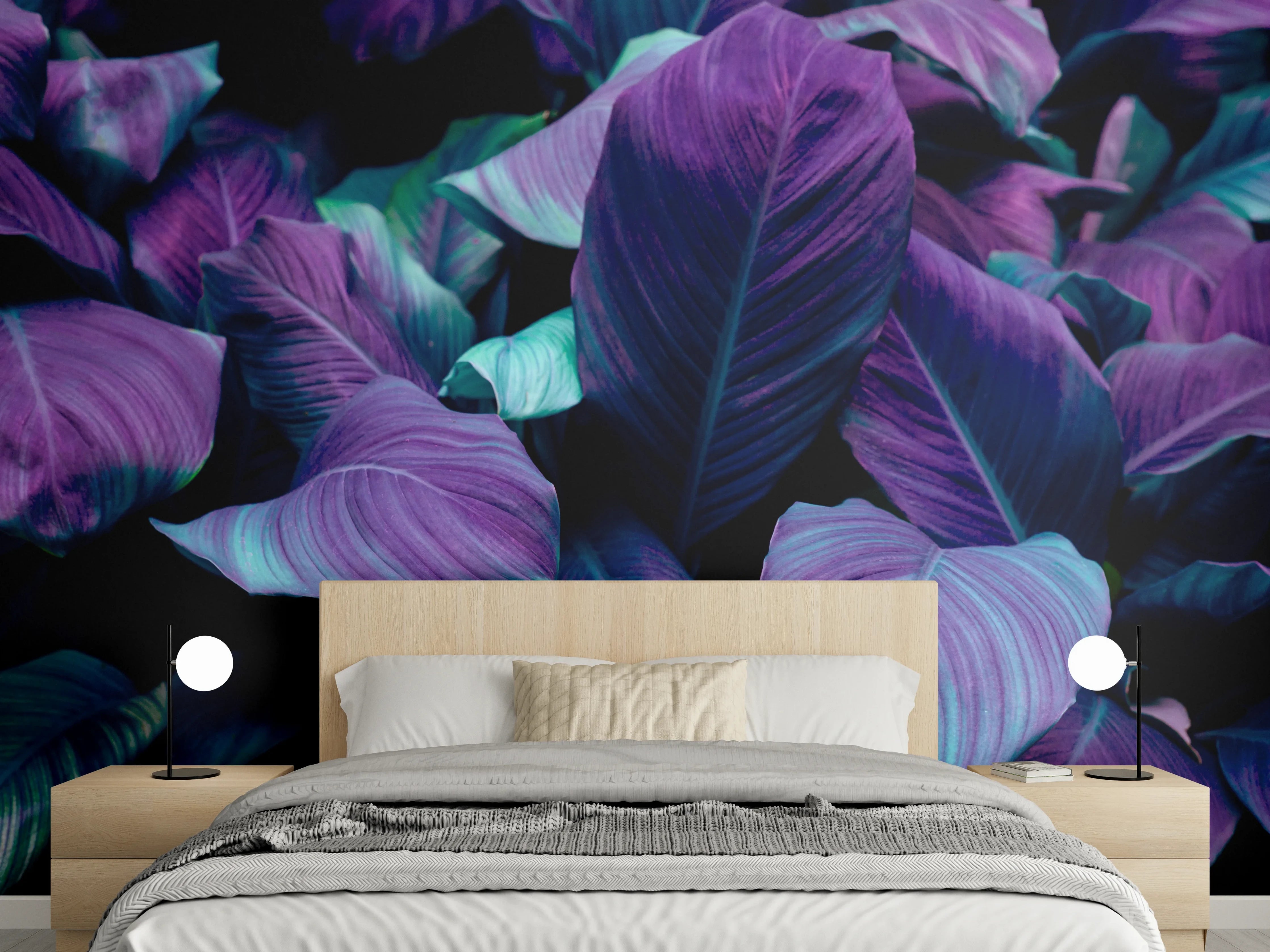 Wandverkleidung Schlafzimmer - Exotische Blätter in Violett und Türkis