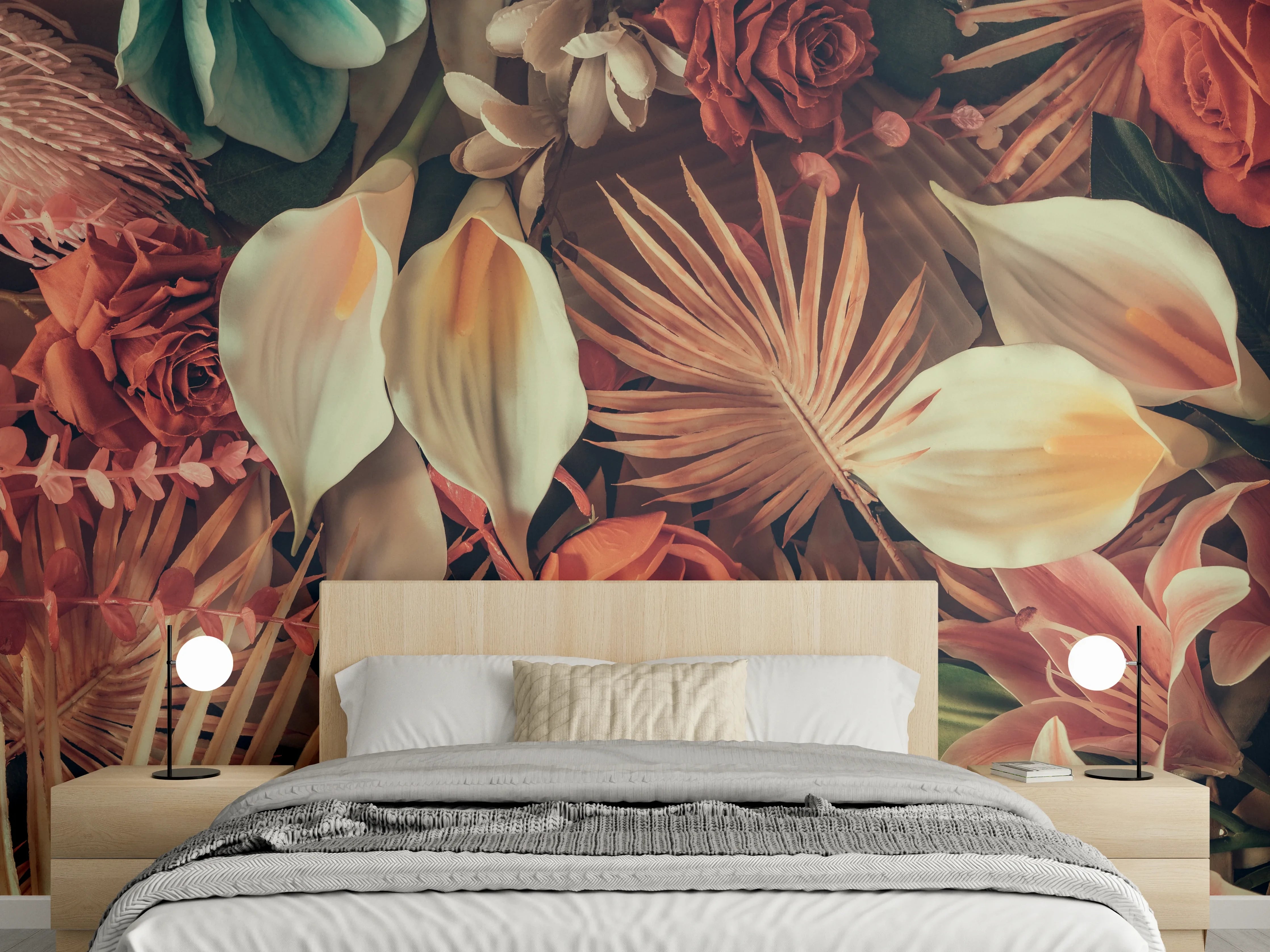 Wandverkleidung Schlafzimmer - Exotische Blumenpracht mit Palmenblättern