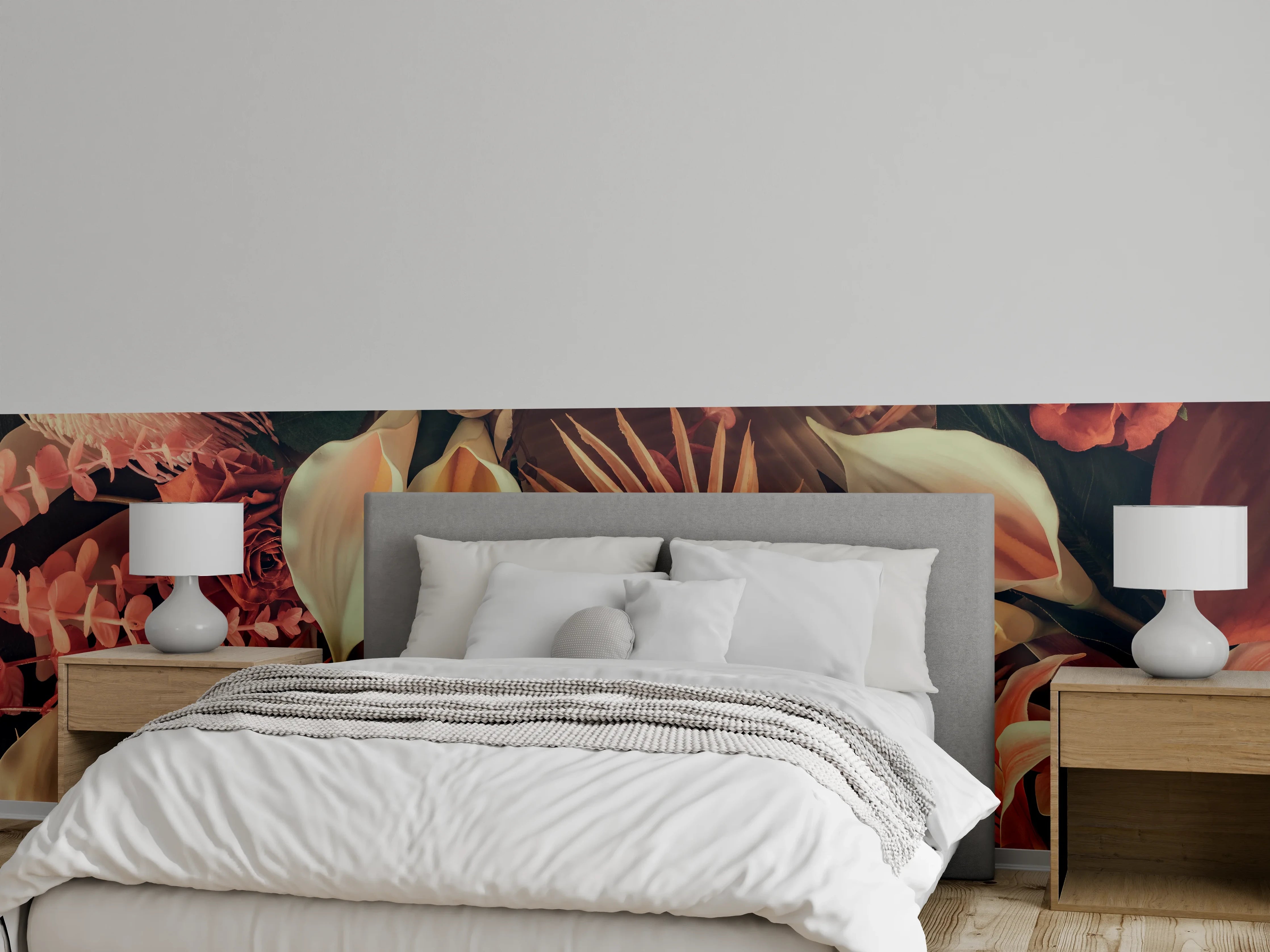 Wandverkleidung Schlafzimmer - Exotische Blumenpracht mit Palmenblättern