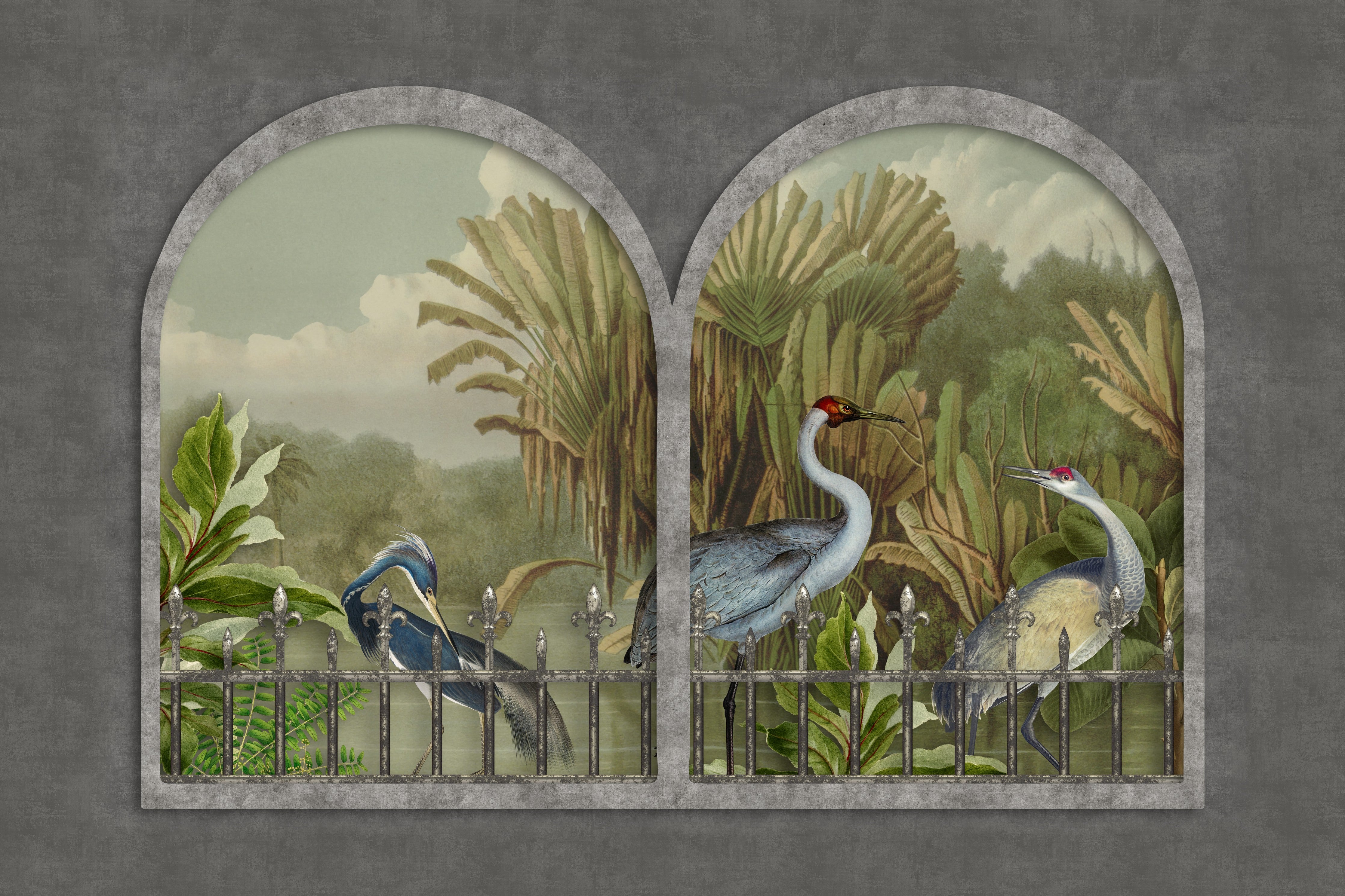 Wandverkleidung Schlafzimmer-Exotische Kraniche Naturpanorama