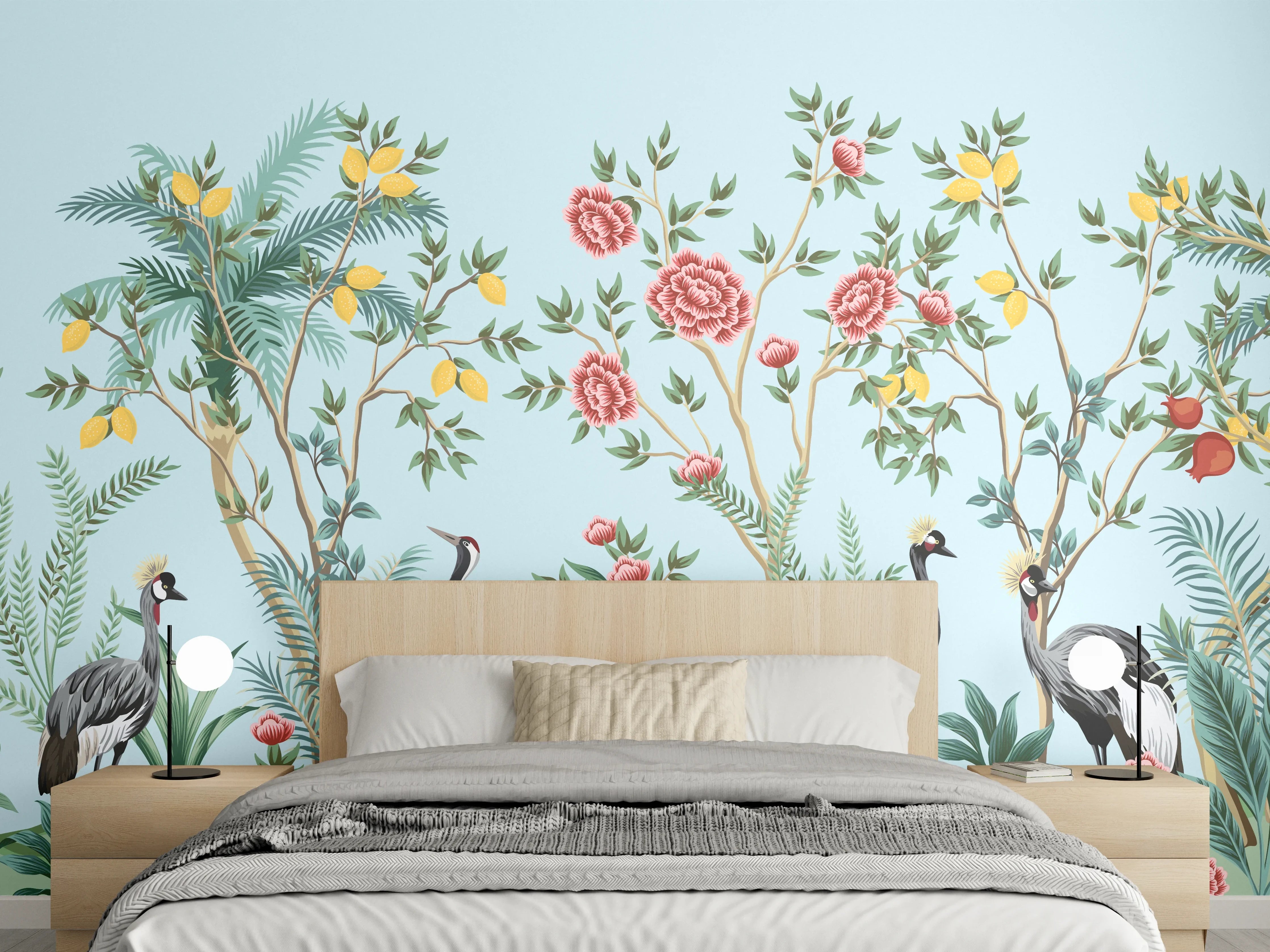 Wandverkleidung Schlafzimmer - Exotische Vogel-Tapete