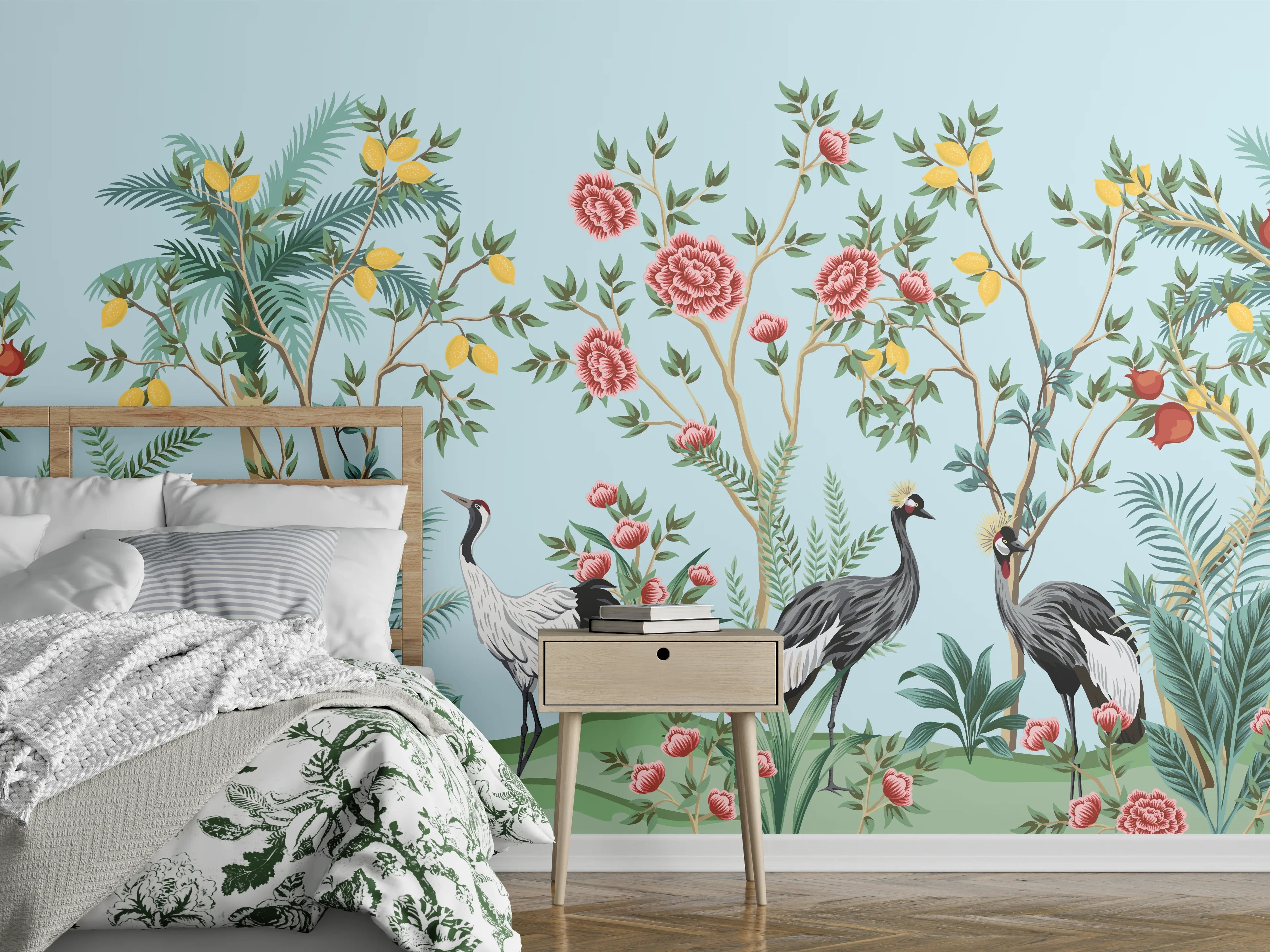 Wandverkleidung Schlafzimmer - Exotische Vogel-Tapete