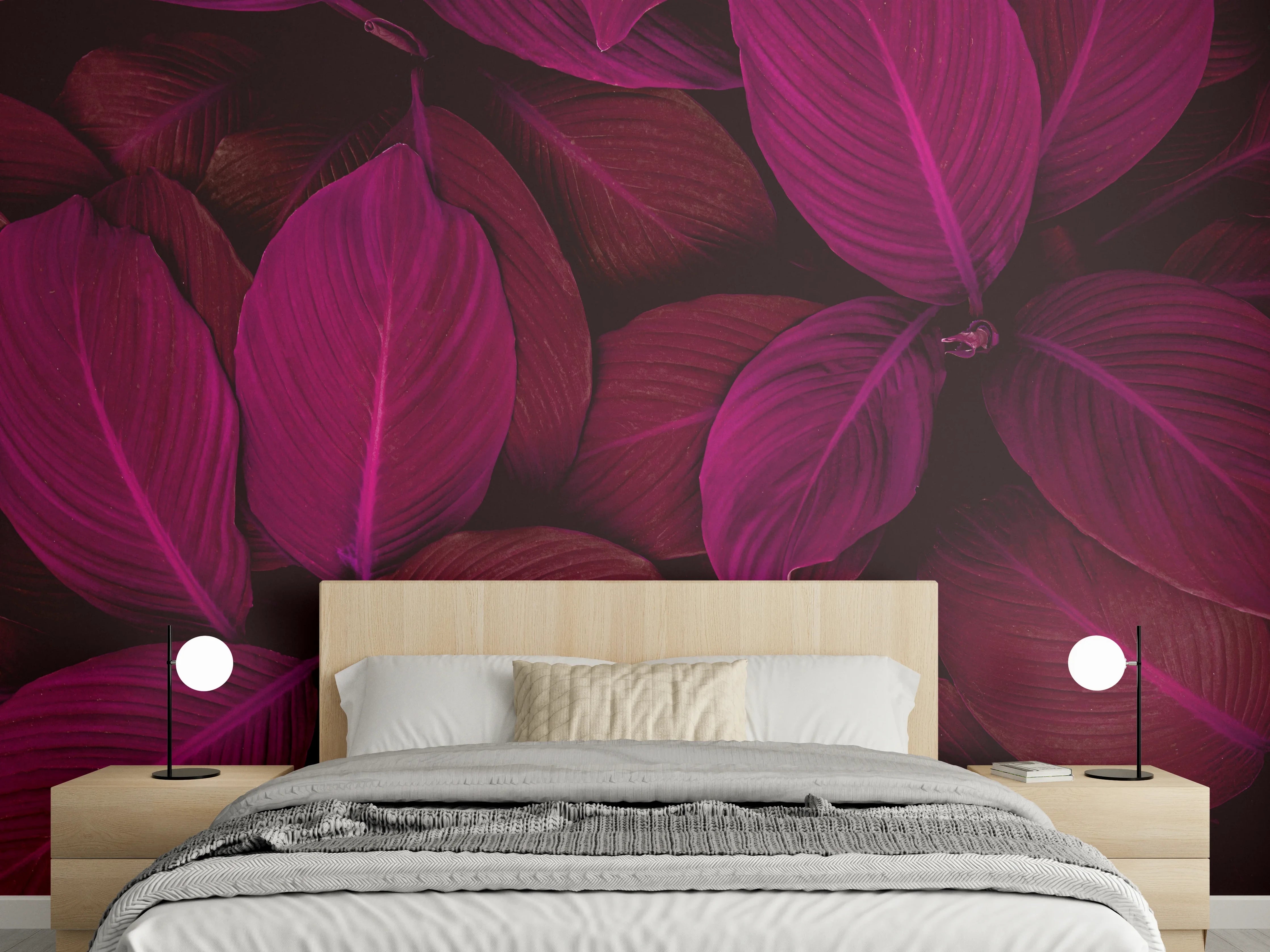 Wandverkleidung Schlafzimmer - Exotische violette Blätter Naturmotiv
