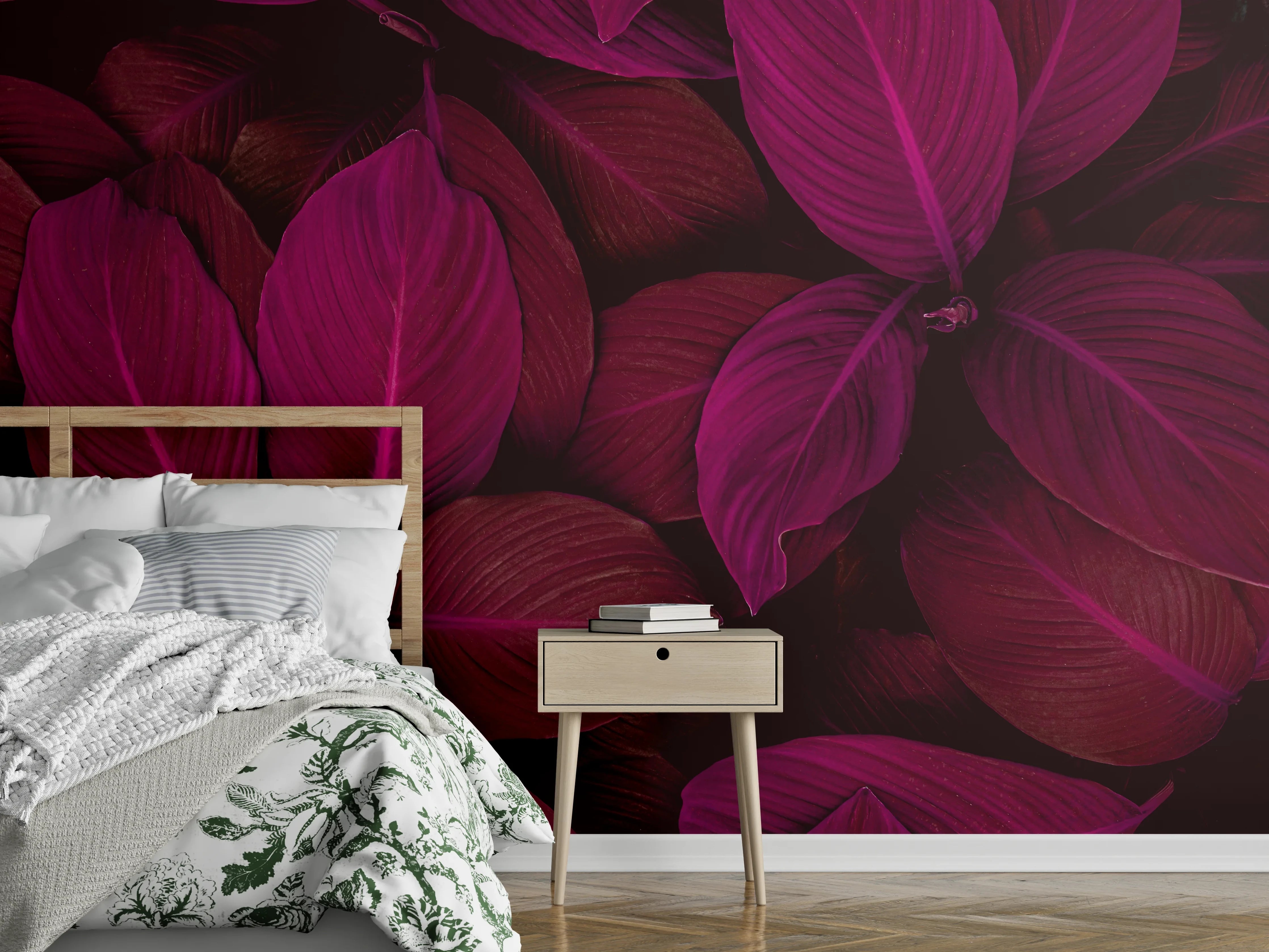 Wandverkleidung Schlafzimmer - Exotische violette Blätter Naturmotiv