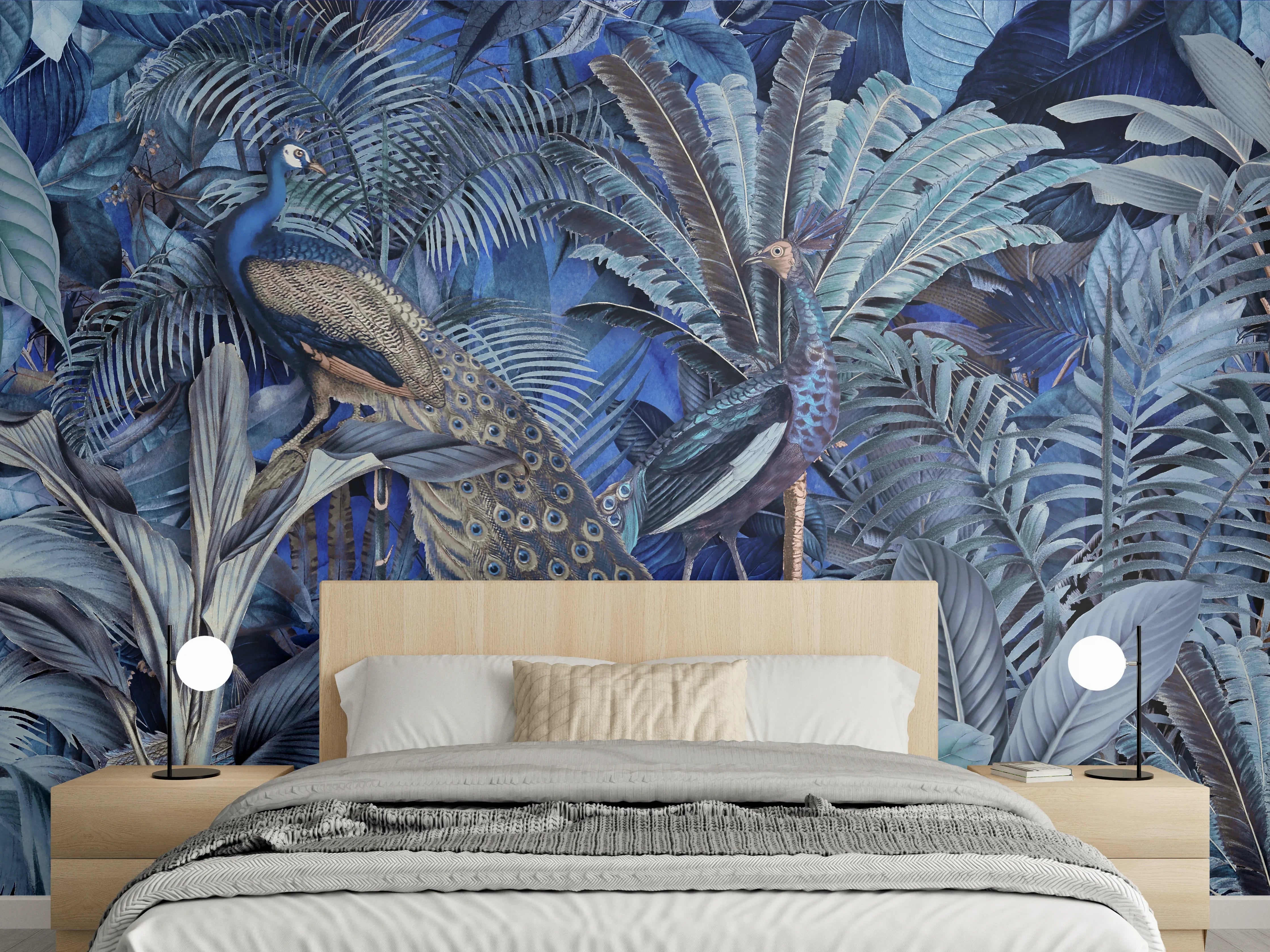 Wandverkleidung Schlafzimmer - Exotischer Garten - Blaue Pfauen