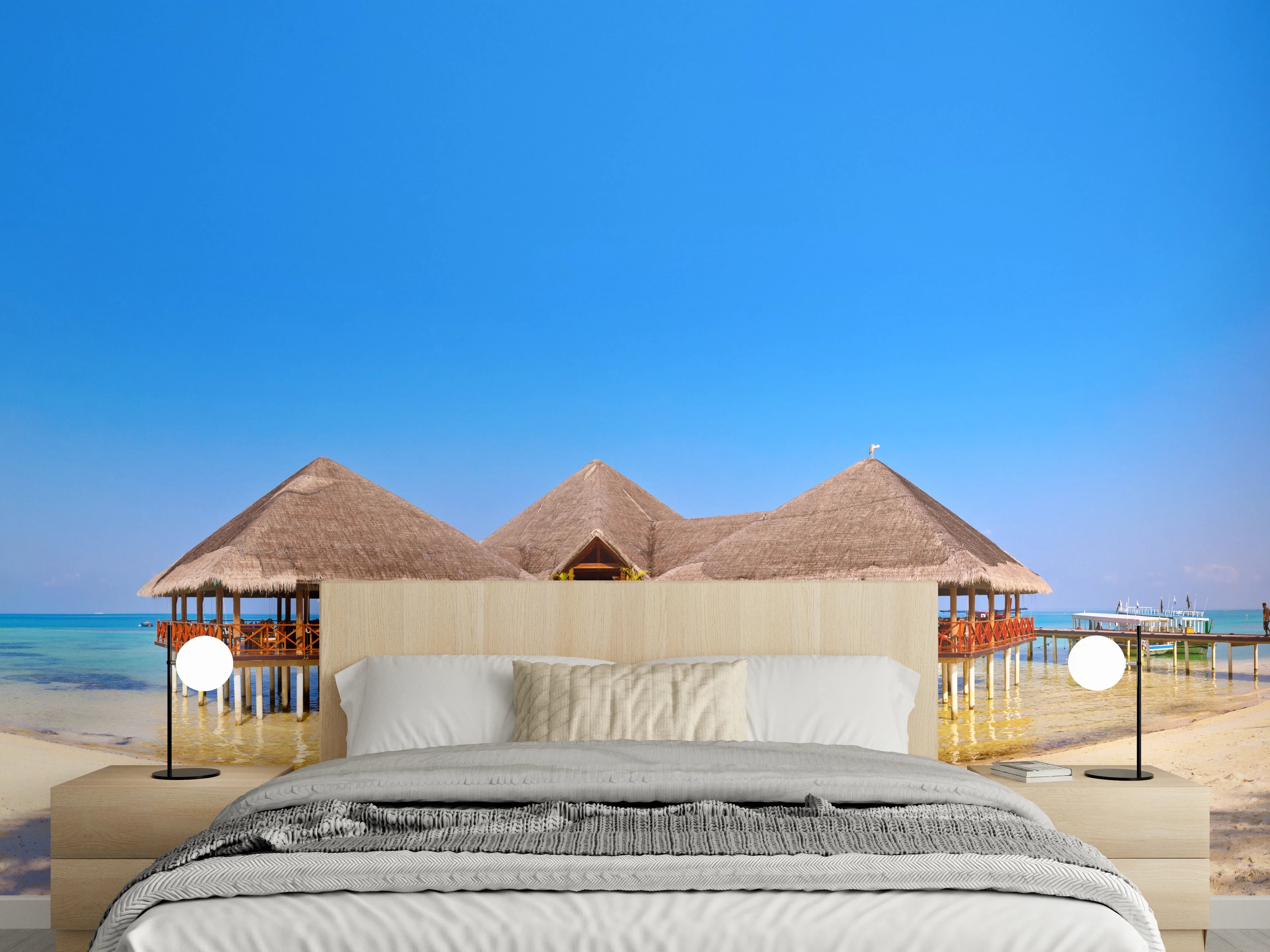 Wandverkleidung Schlafzimmer - Exotischer Strandsteg im Paradies
