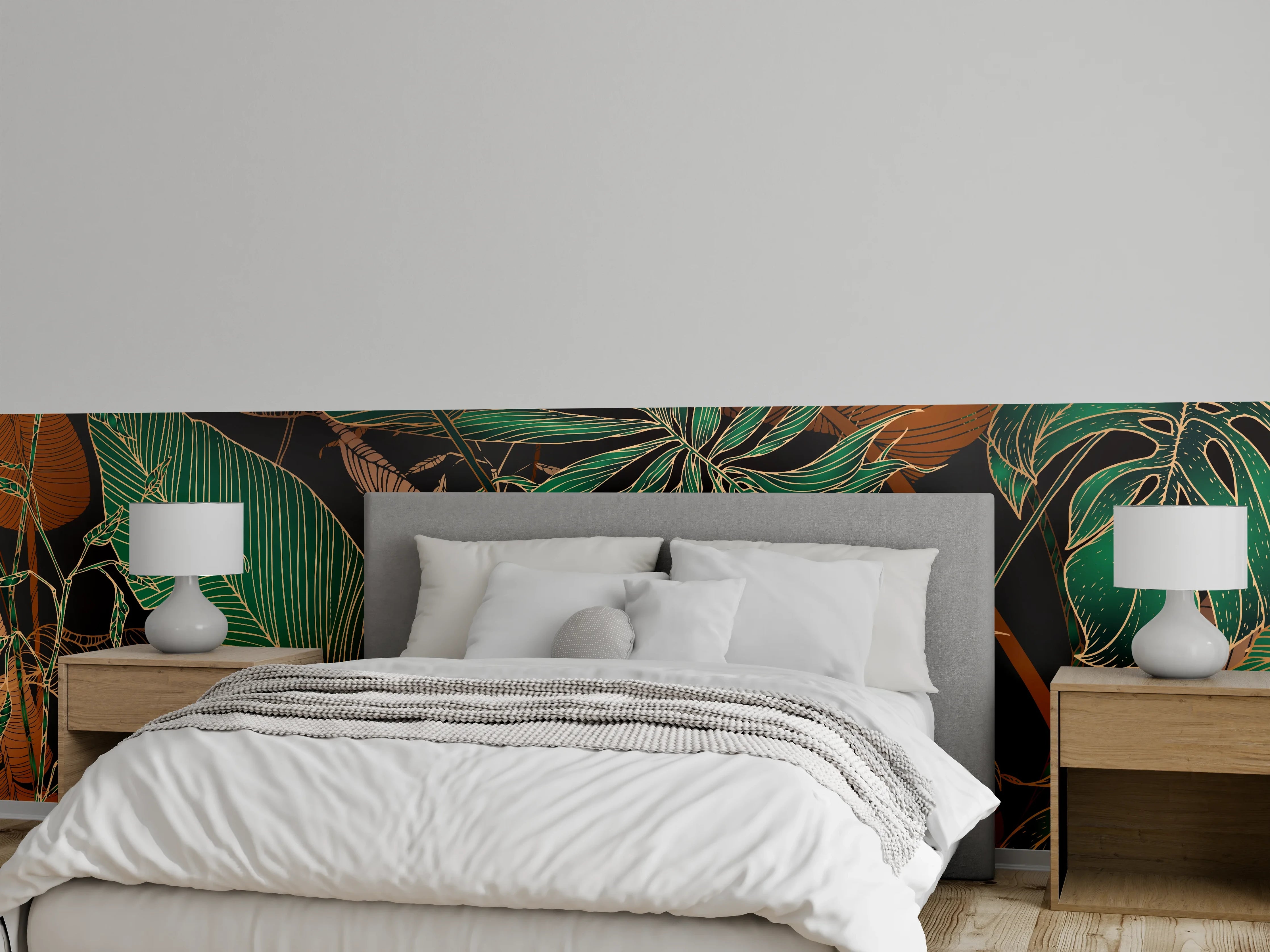 Wandverkleidung Schlafzimmer - Exotisches Blattmuster Dunkel