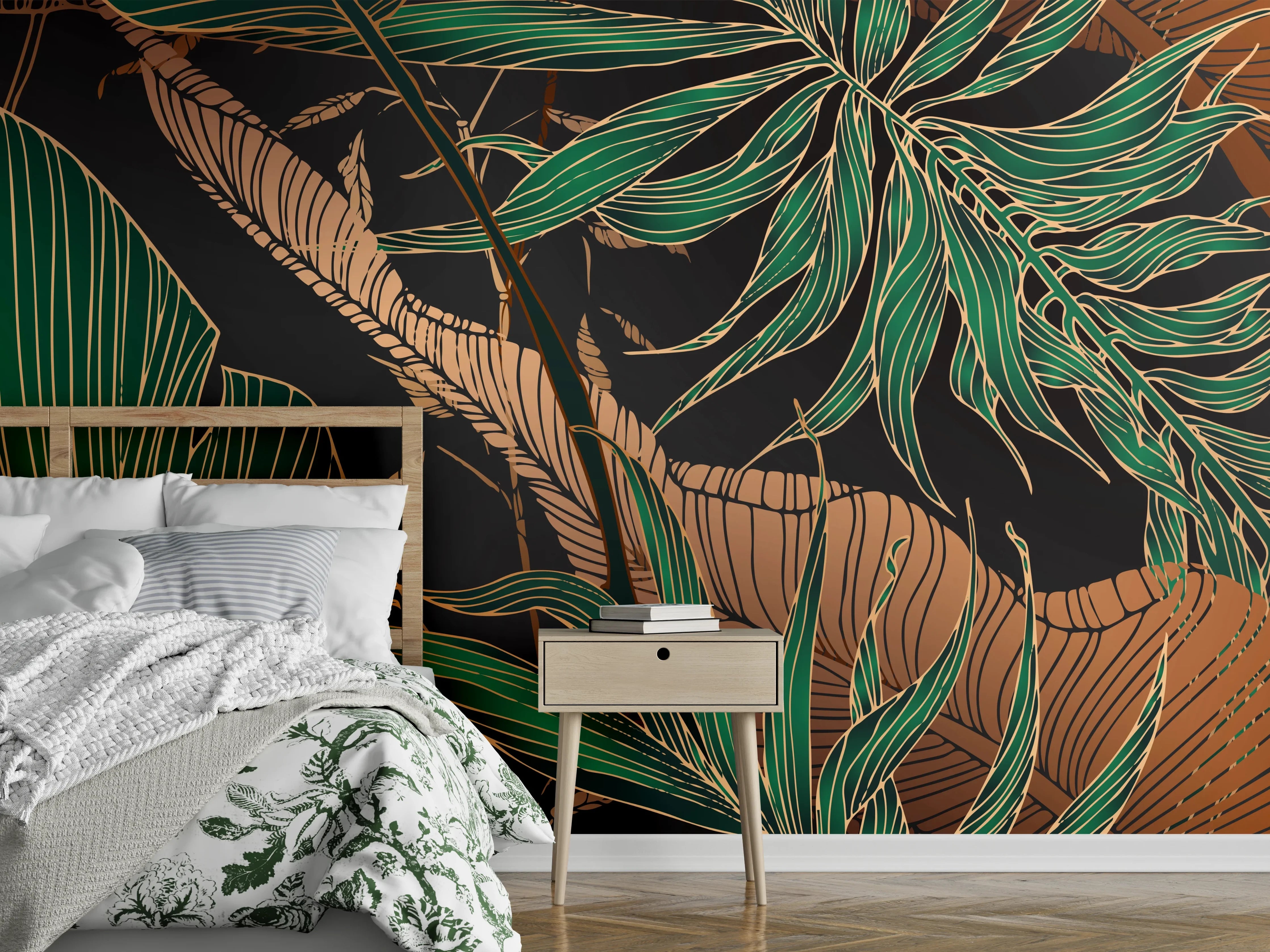 Wandverkleidung Schlafzimmer - Exotisches Blattmuster Dunkel