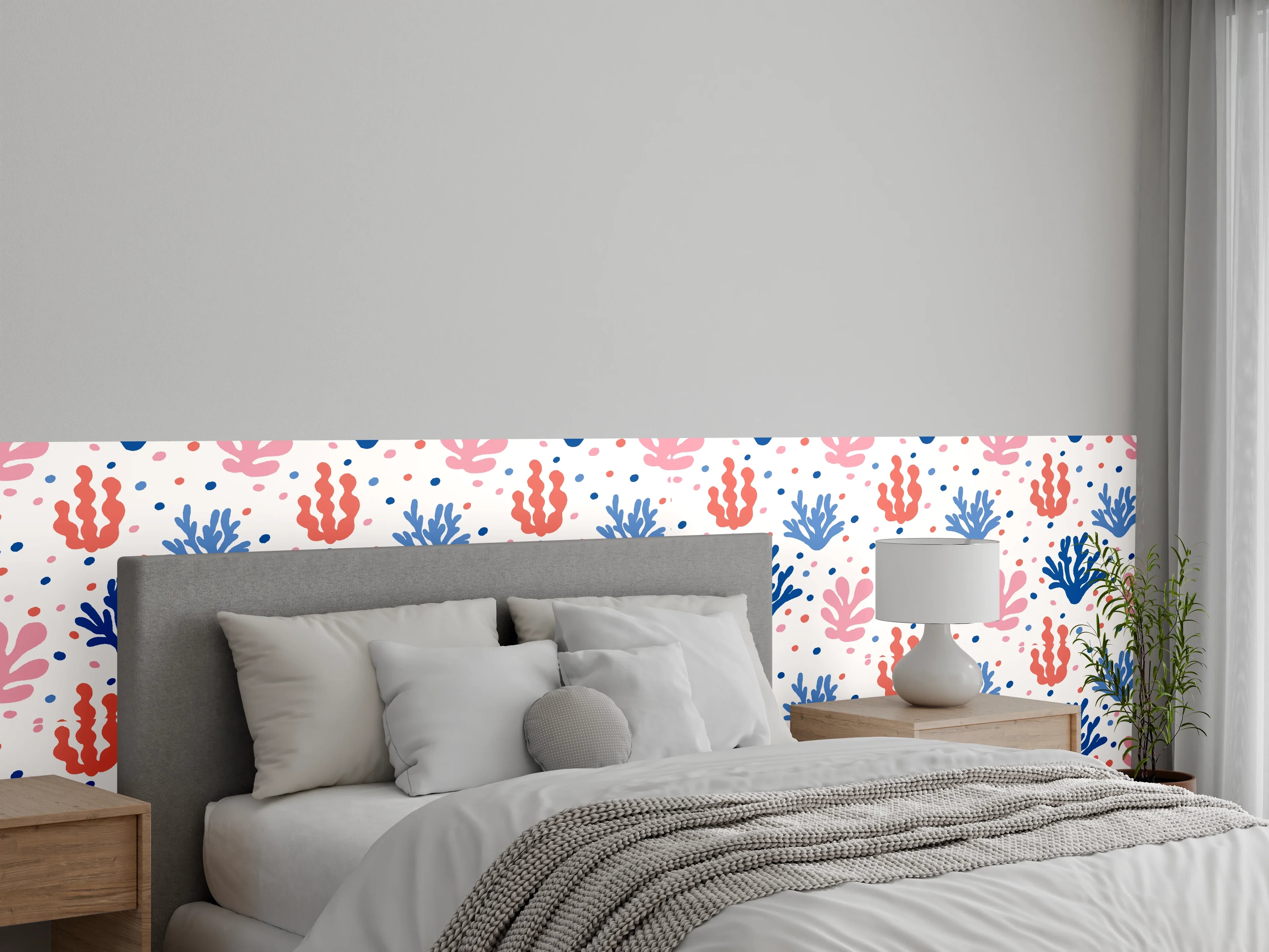 Wandverkleidung Schlafzimmer - Exotisches Korallen-Design in Blau und Rosa