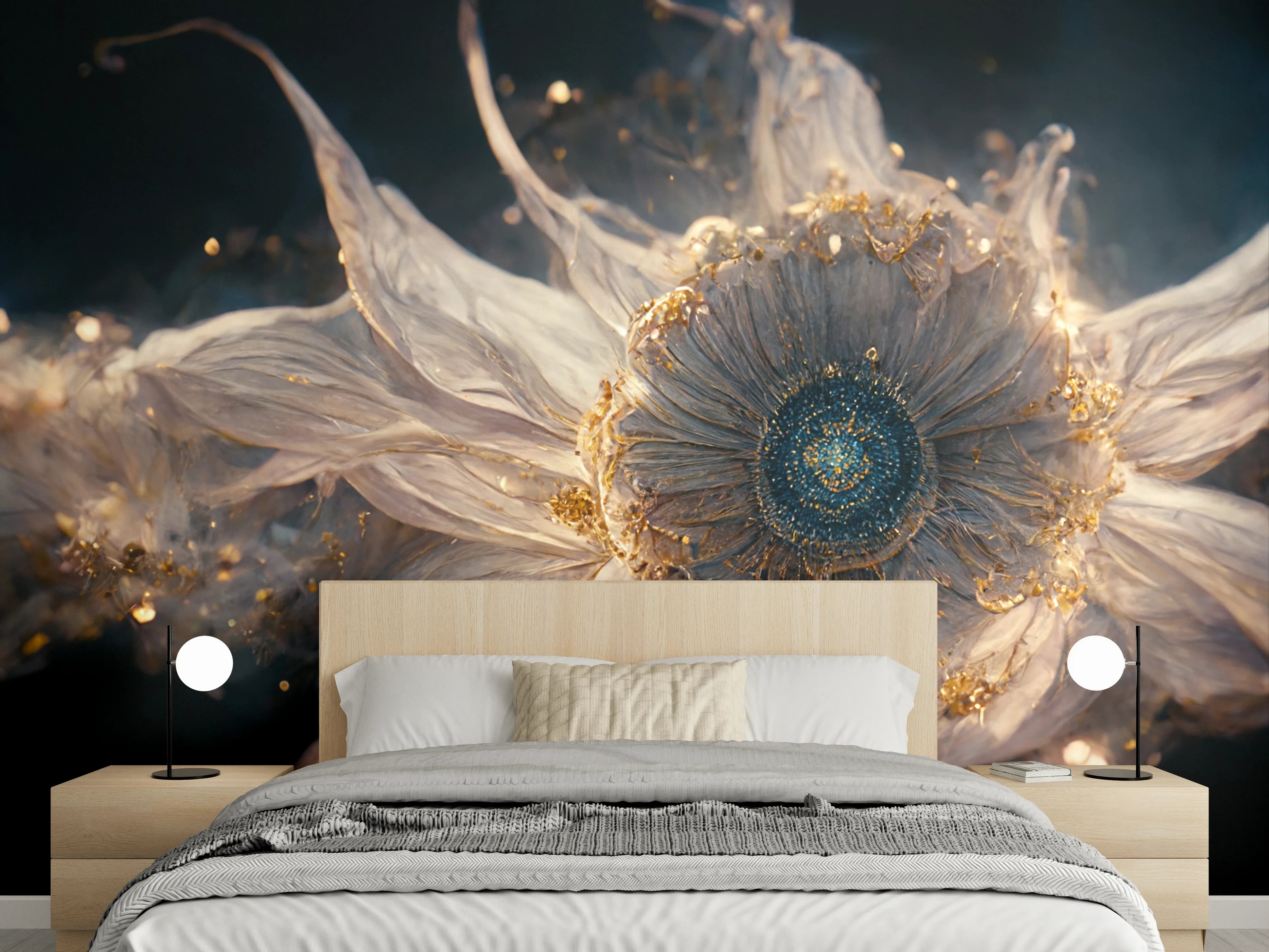 Wandverkleidung Schlafzimmer - Fantastische Blume mit goldenen Akzenten