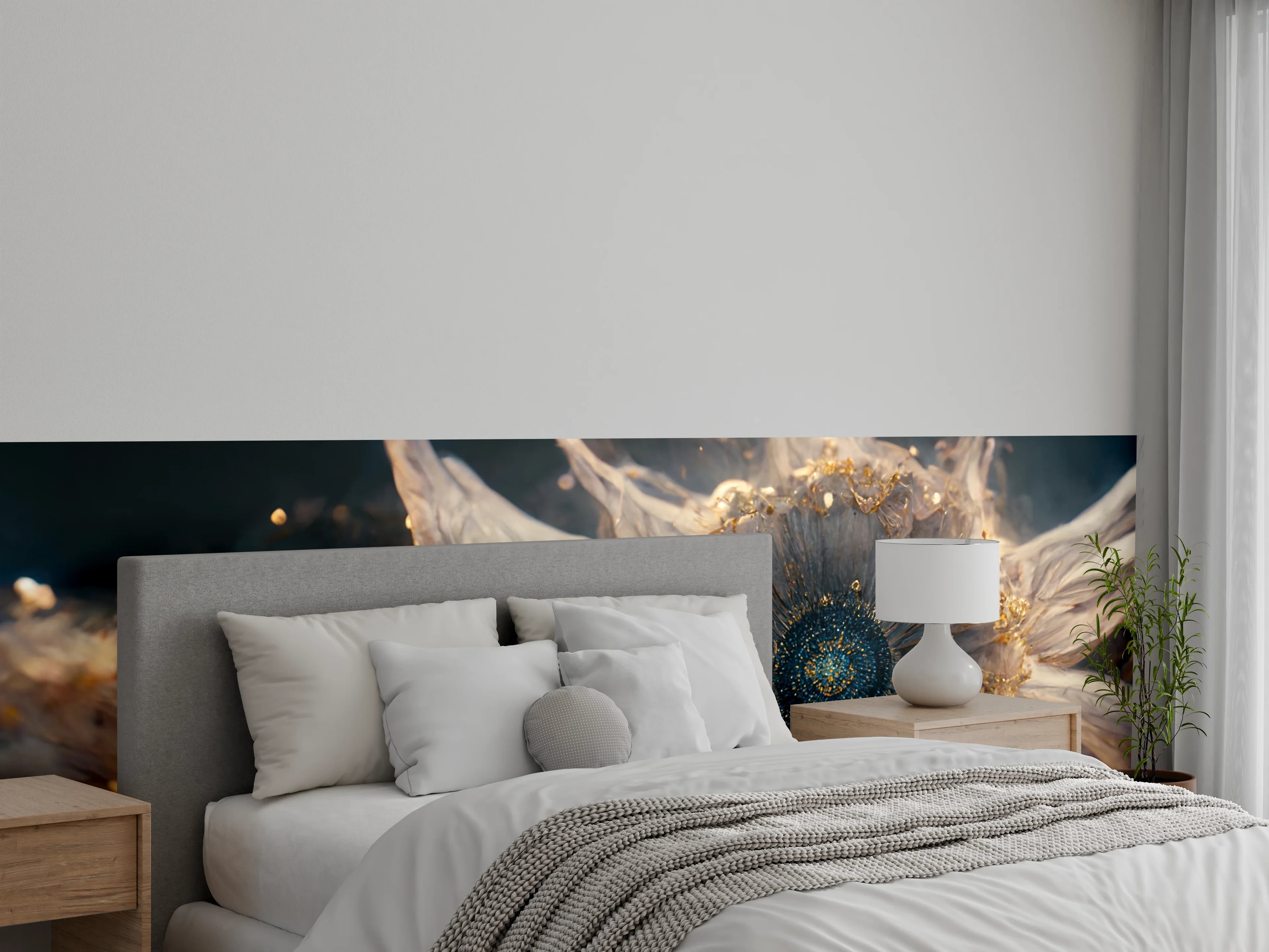 Wandverkleidung Schlafzimmer - Fantastische Blume mit goldenen Akzenten