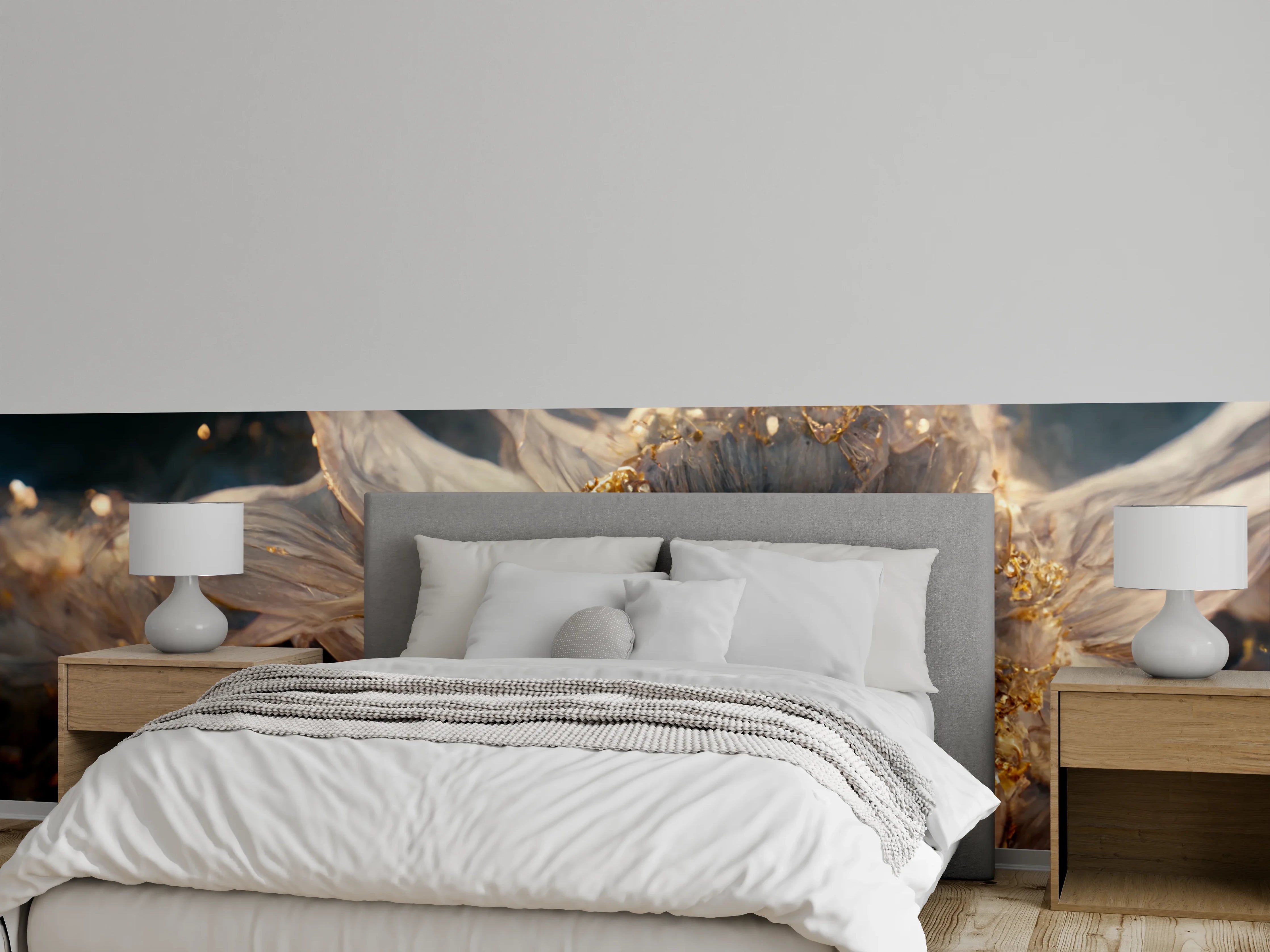 Wandverkleidung Schlafzimmer - Fantastische Blume mit goldenen Akzenten