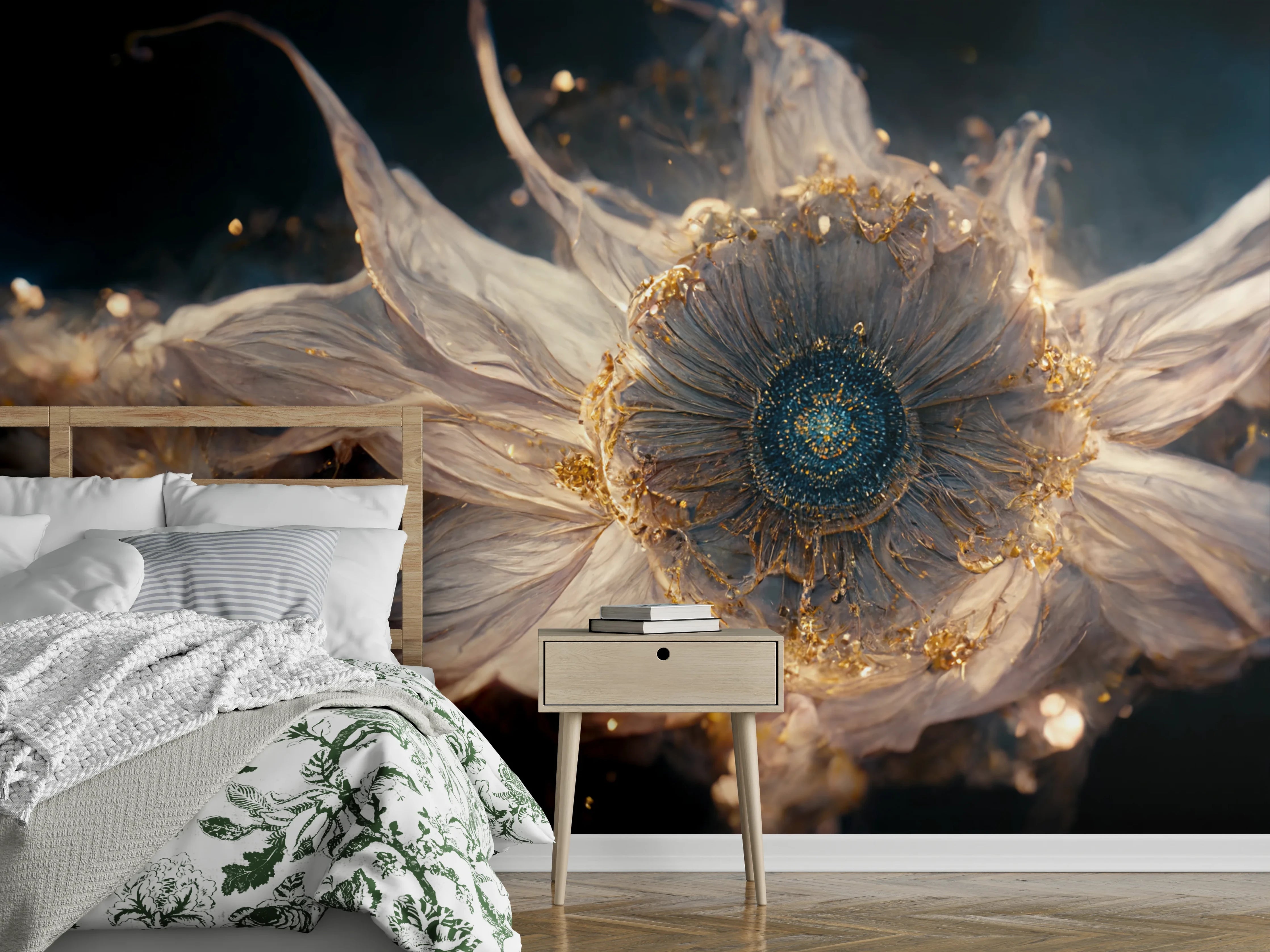 Wandverkleidung Schlafzimmer - Fantastische Blume mit goldenen Akzenten
