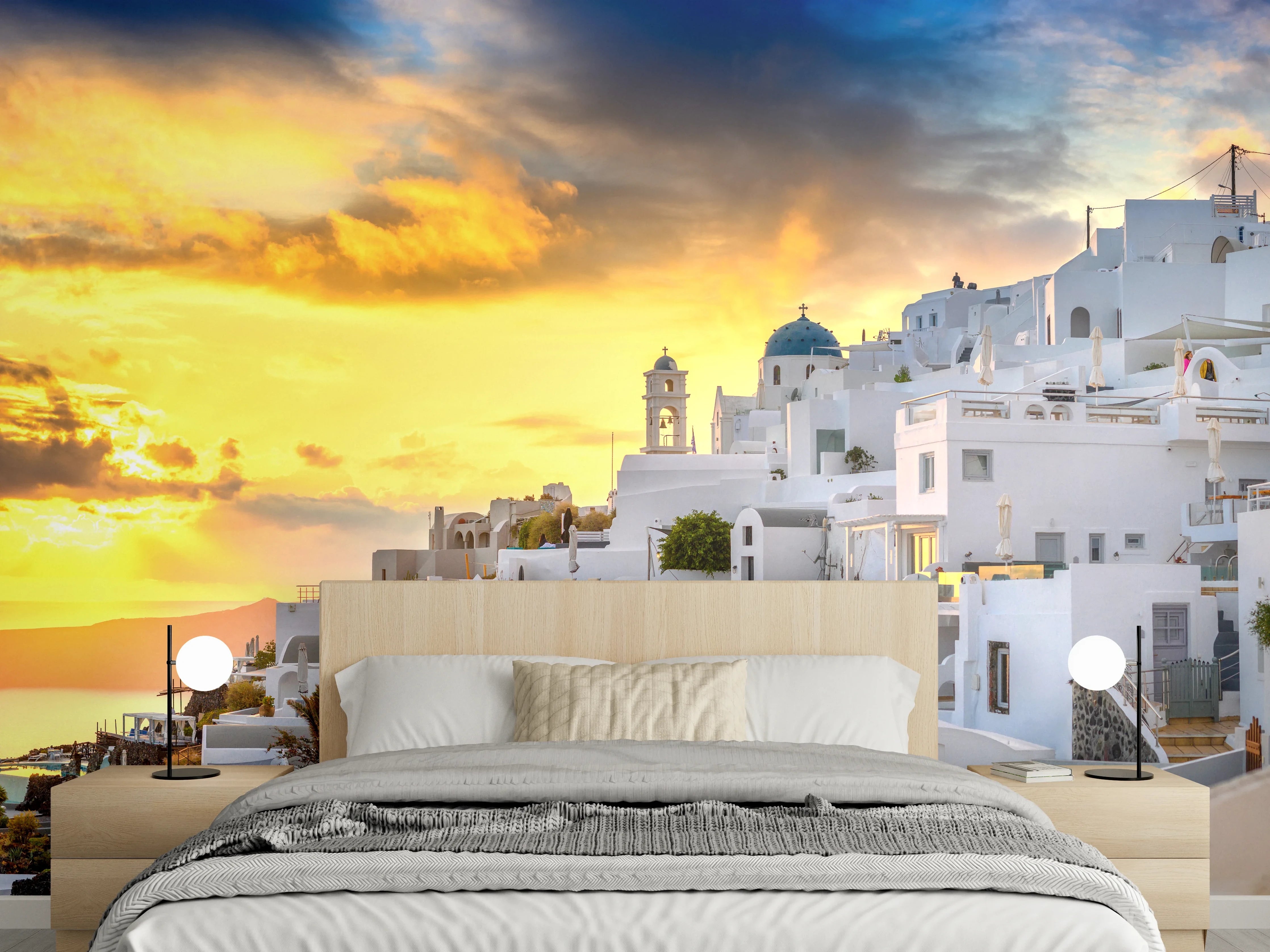 Wandverkleidung Schlafzimmer - Fantastischer Sonnenuntergang in Santorini - Griechenland