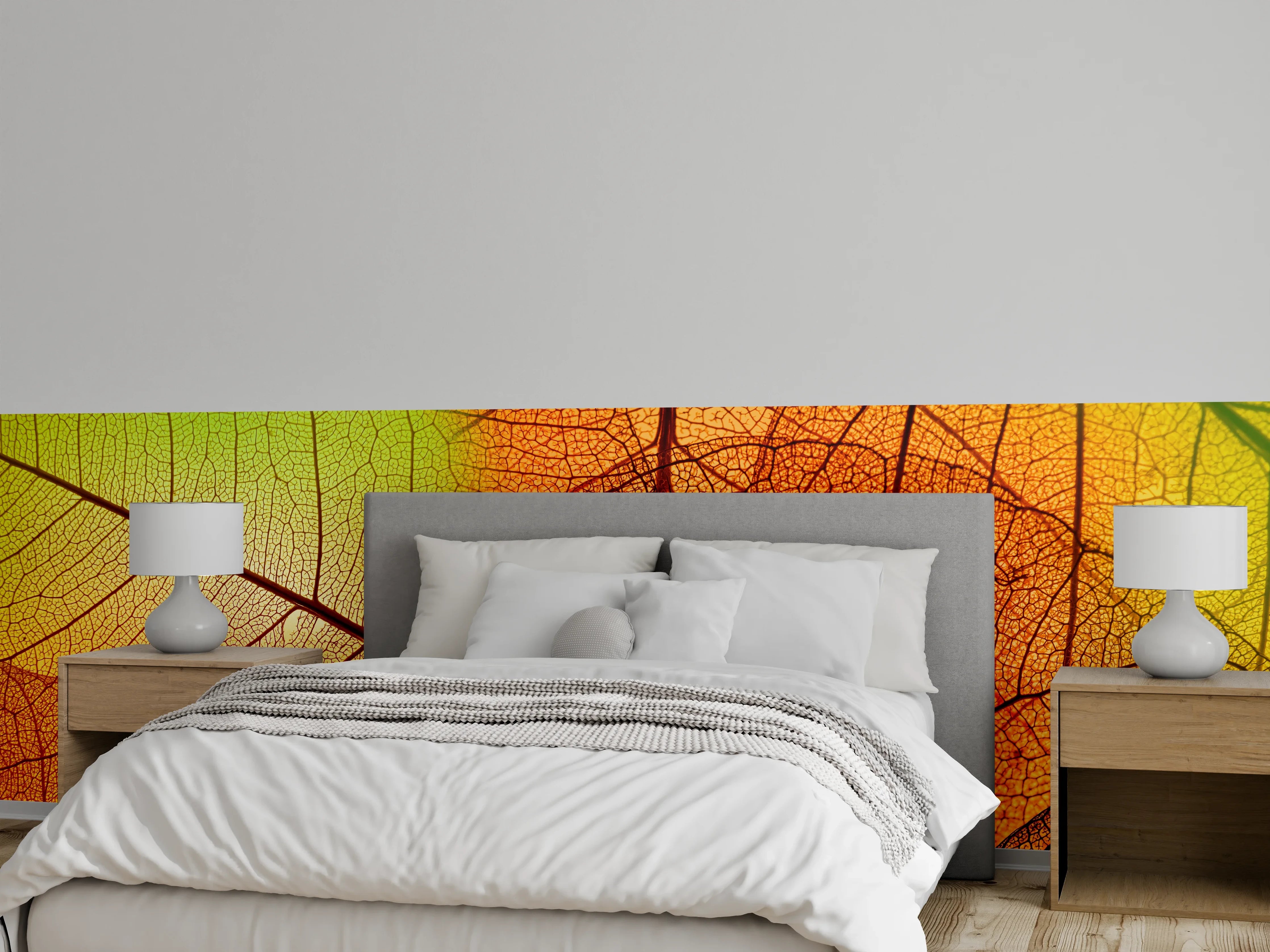 Wandverkleidung Schlafzimmer - Farbenfrohe Blätterstruktur als Wanddeko