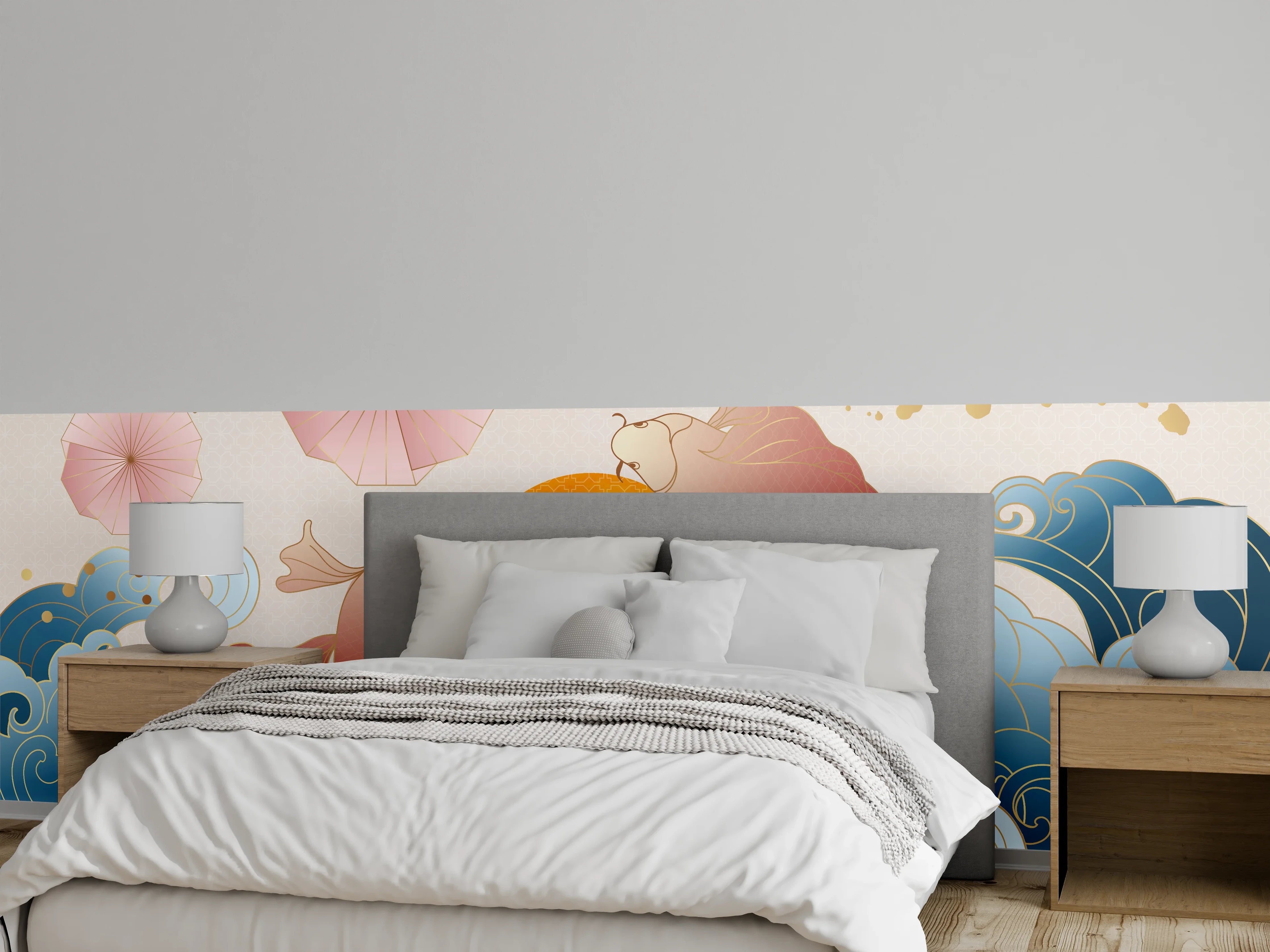 Wandverkleidung Schlafzimmer - Farbenfrohe Koi-Illustration