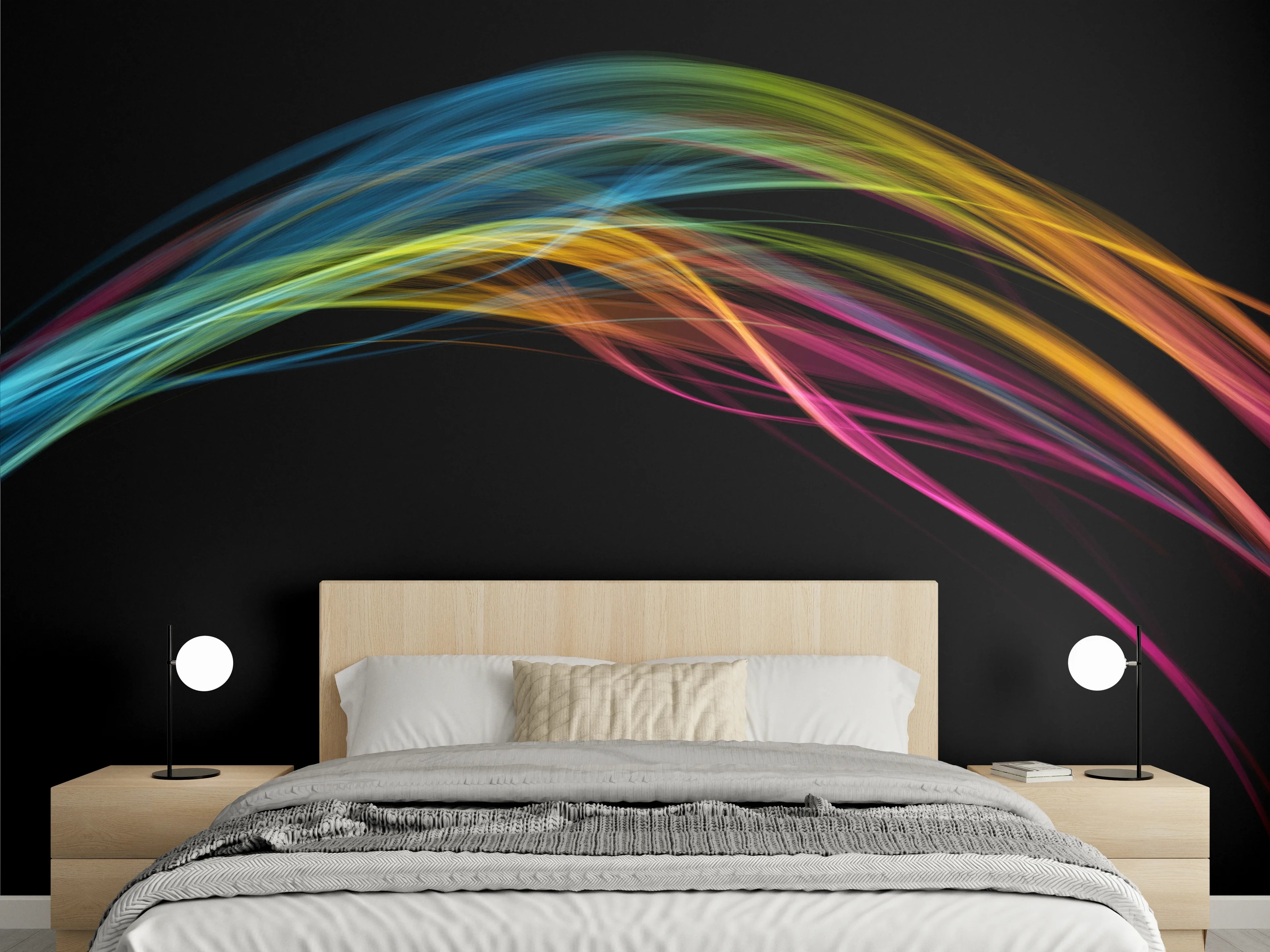 Wandverkleidung Schlafzimmer - Farbenfrohe Lichtwellen auf Schwarz