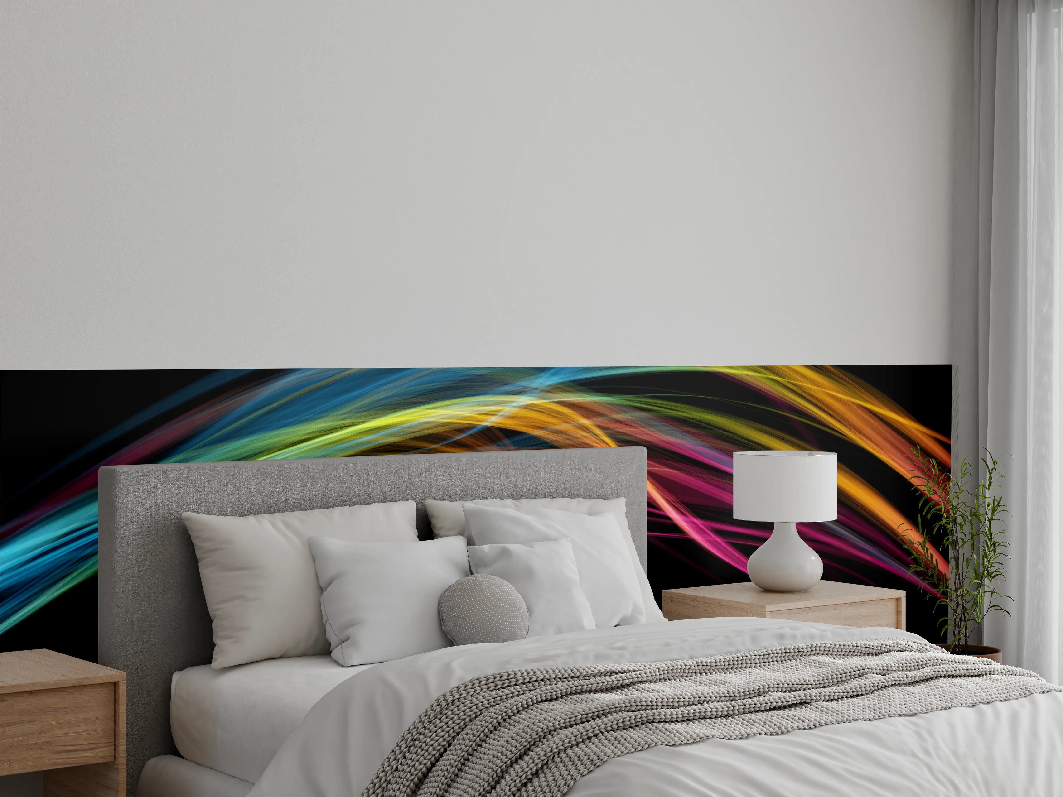 Wandverkleidung Schlafzimmer - Farbenfrohe Lichtwellen auf Schwarz