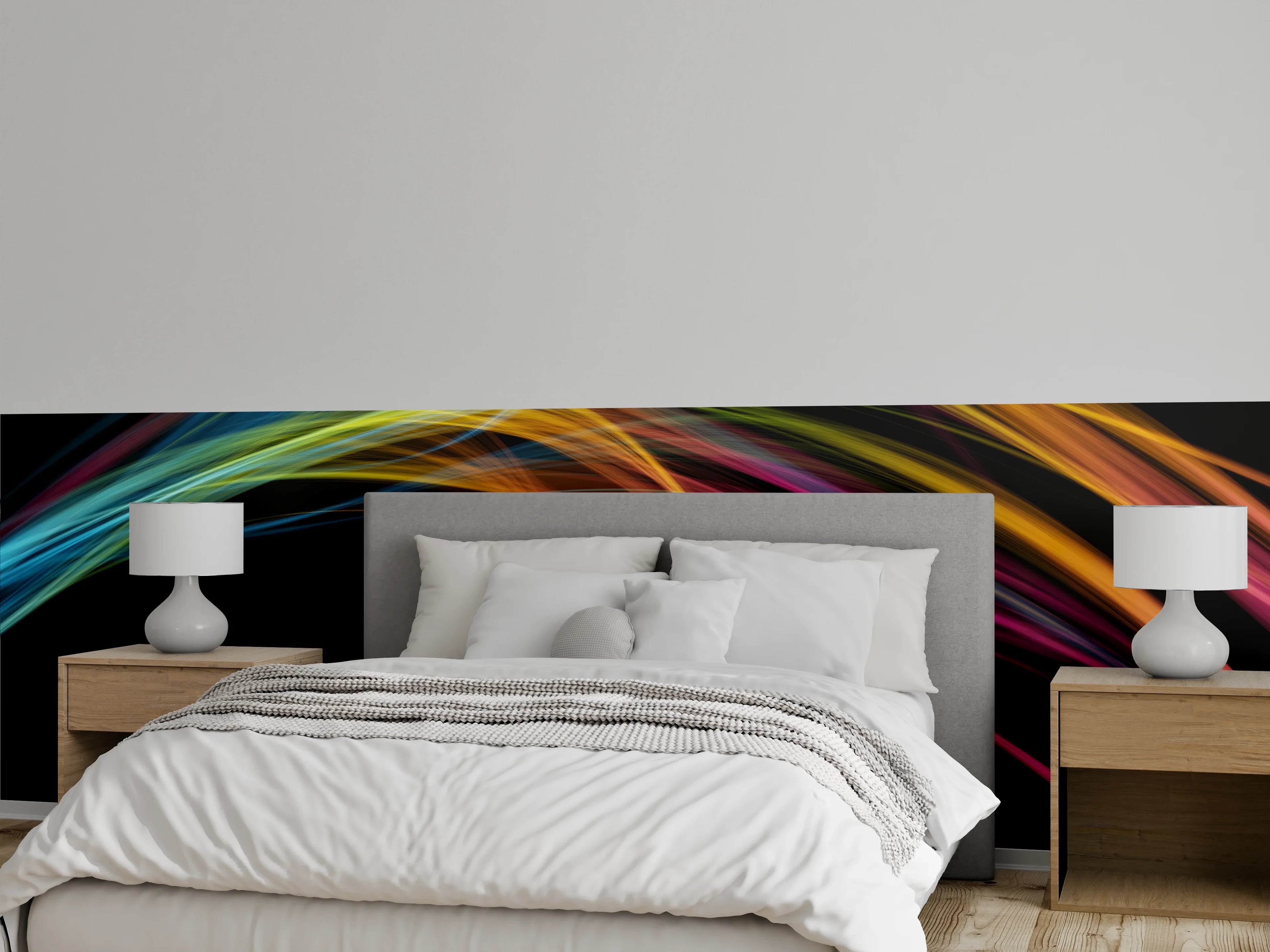 Wandverkleidung Schlafzimmer - Farbenfrohe Lichtwellen auf Schwarz
