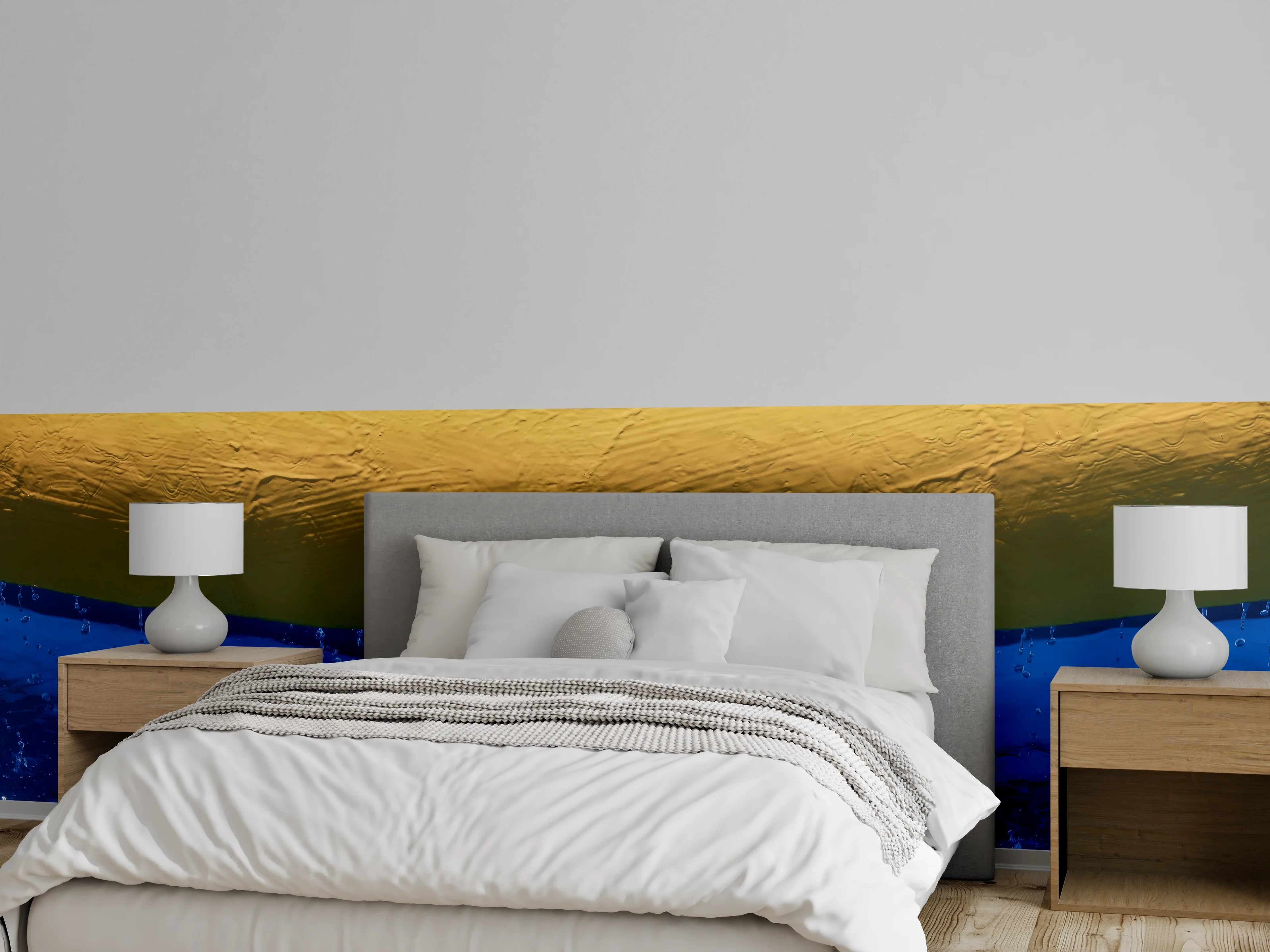 Wandverkleidung Schlafzimmer - Farbspiel Wasser und Gelb für Wände