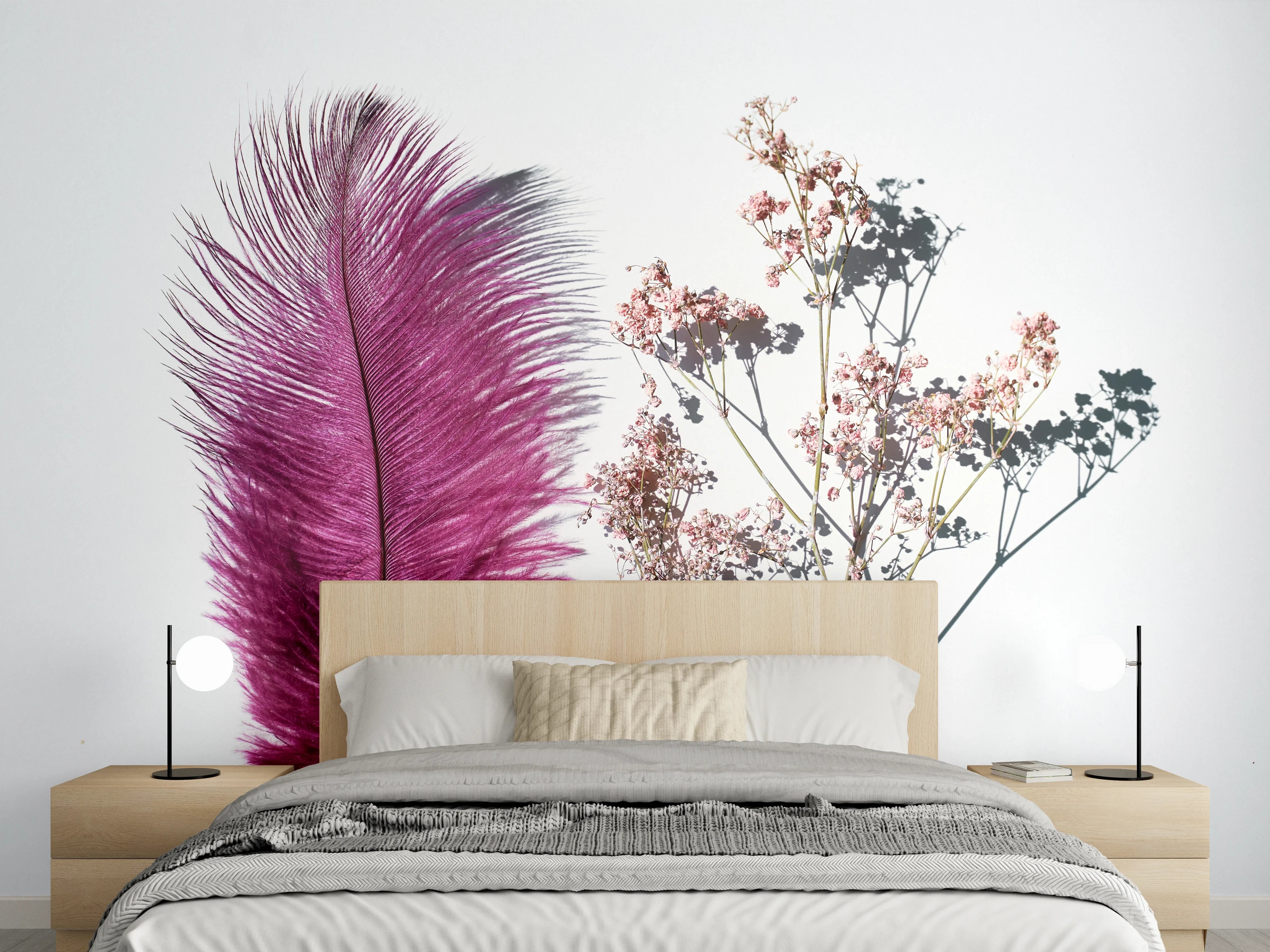 Wandverkleidung Schlafzimmer - Feder trifft Blüten Zweige Weiß